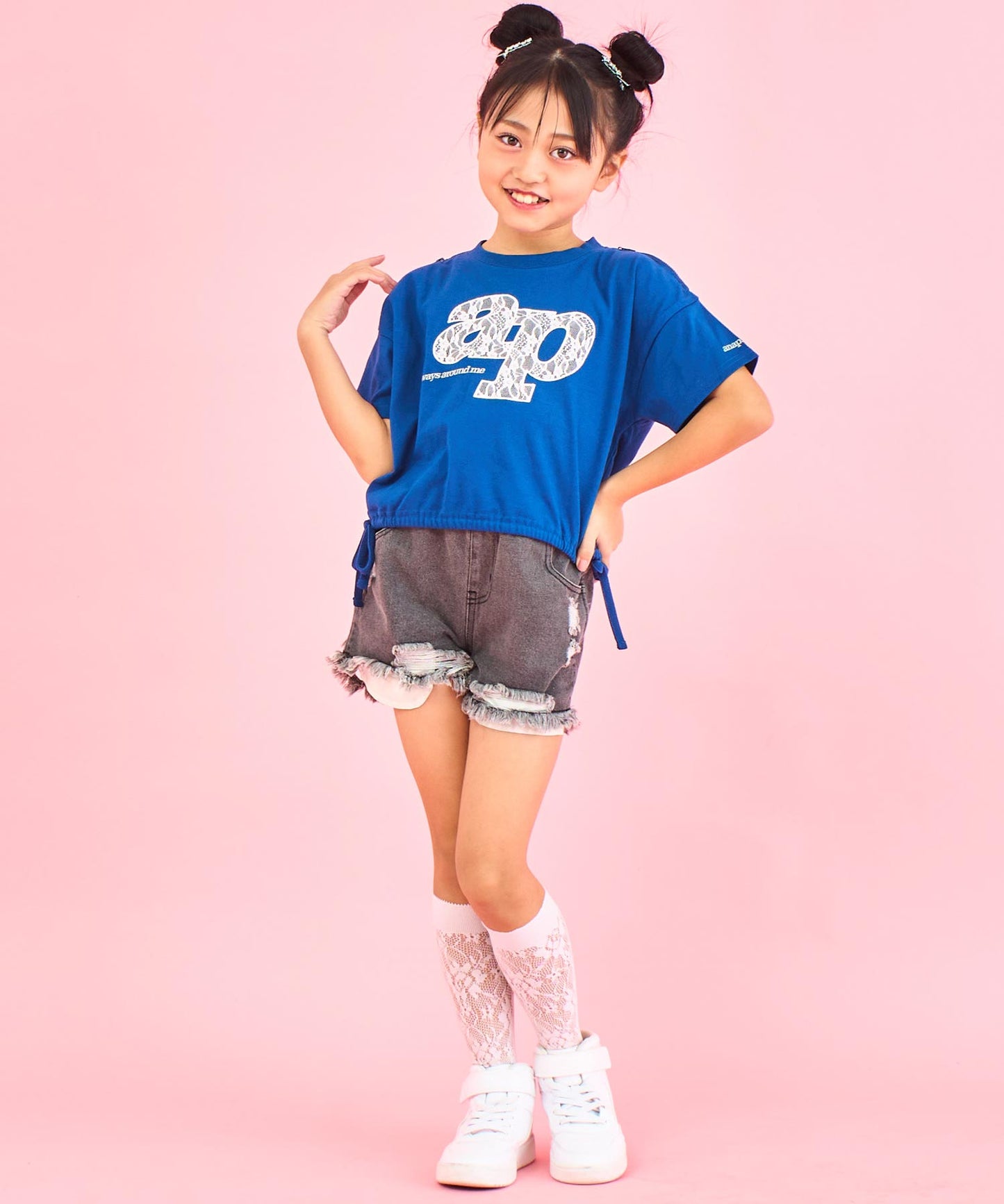 レース ワッペン付き サイド リボン Tシャツ トップス【ジュニアお揃い】 423-3402