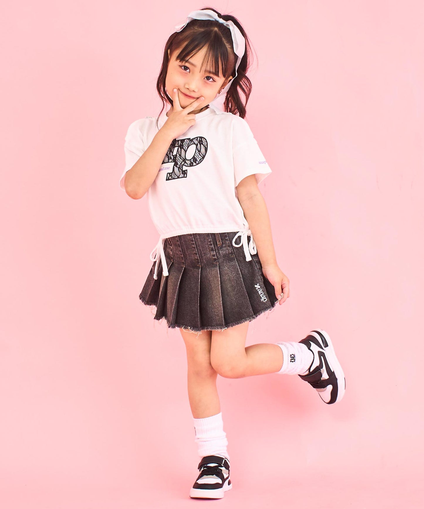 レース ワッペン付き サイド リボン Tシャツ トップス【ジュニアお揃い】 423-3402