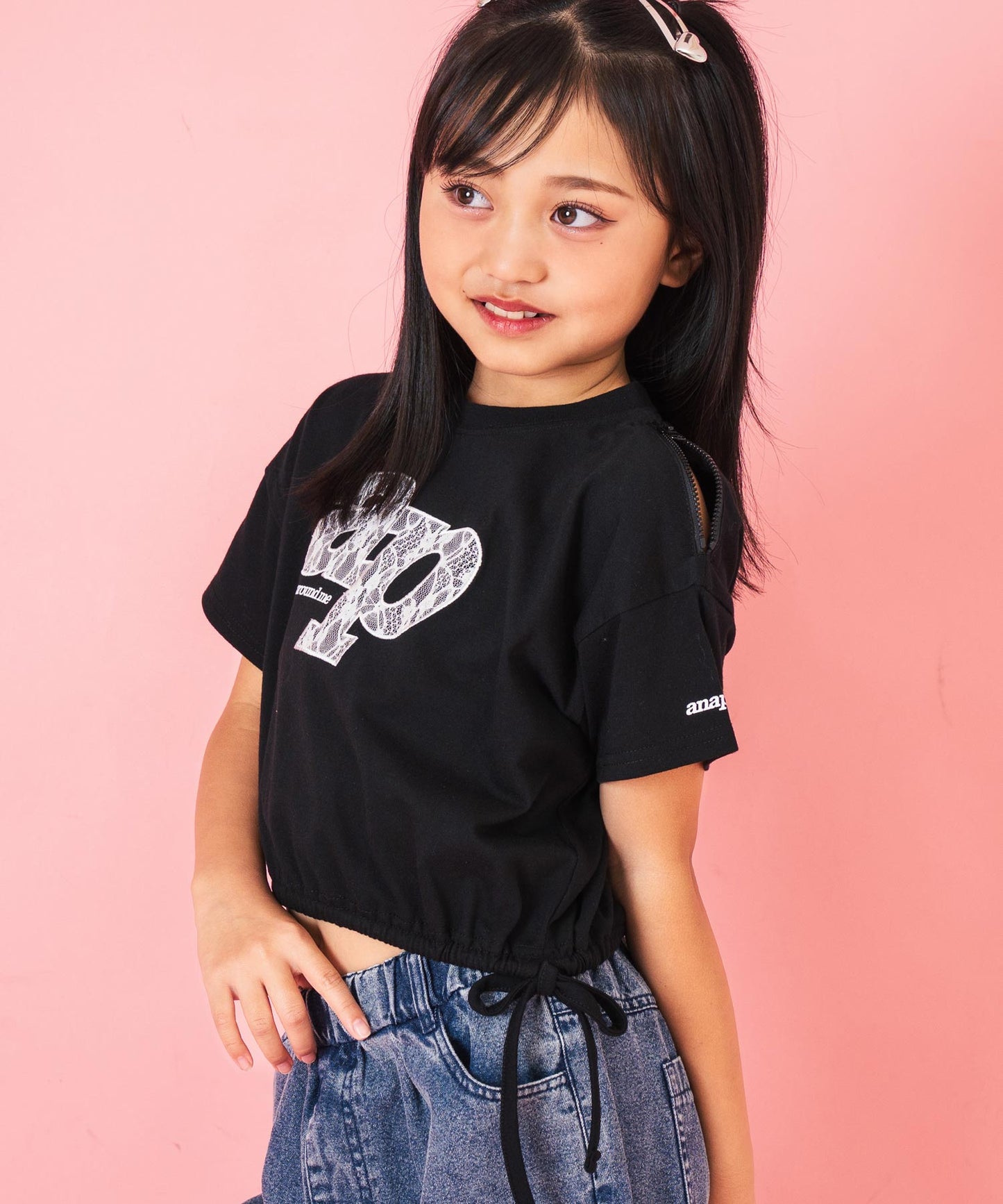 レース ワッペン付き サイド リボン Tシャツ トップス【ジュニアお揃い】 423-3402