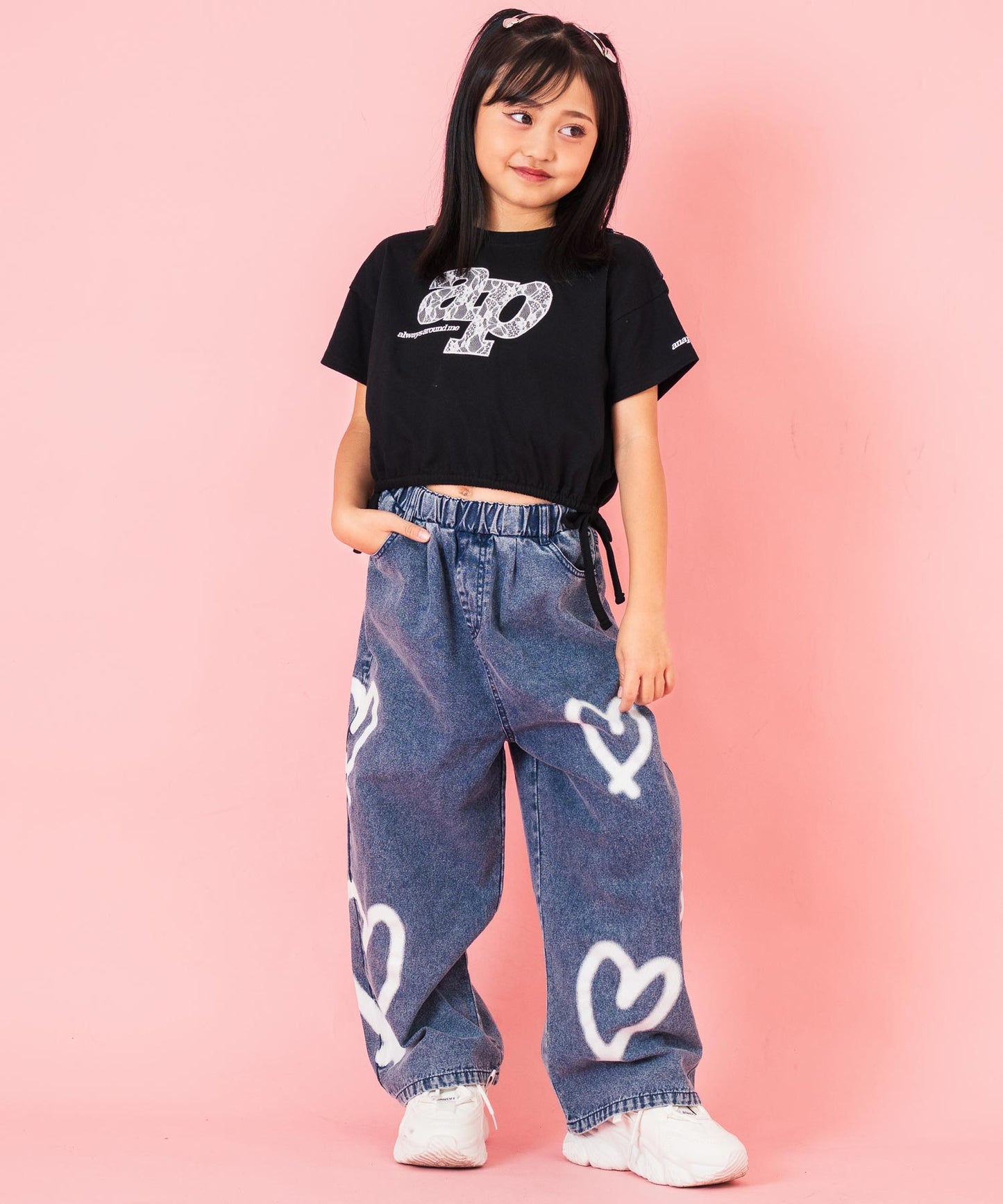 レース ワッペン付き サイド リボン Tシャツ トップス【ジュニアお揃い】 423-3402