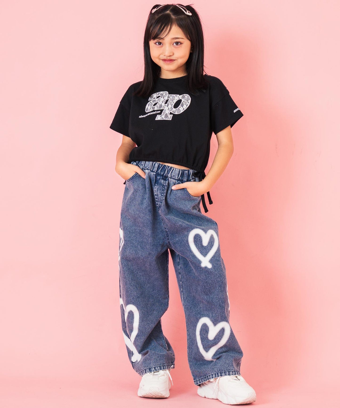 レース ワッペン付き サイド リボン Tシャツ トップス【ジュニアお揃い】 423-3402