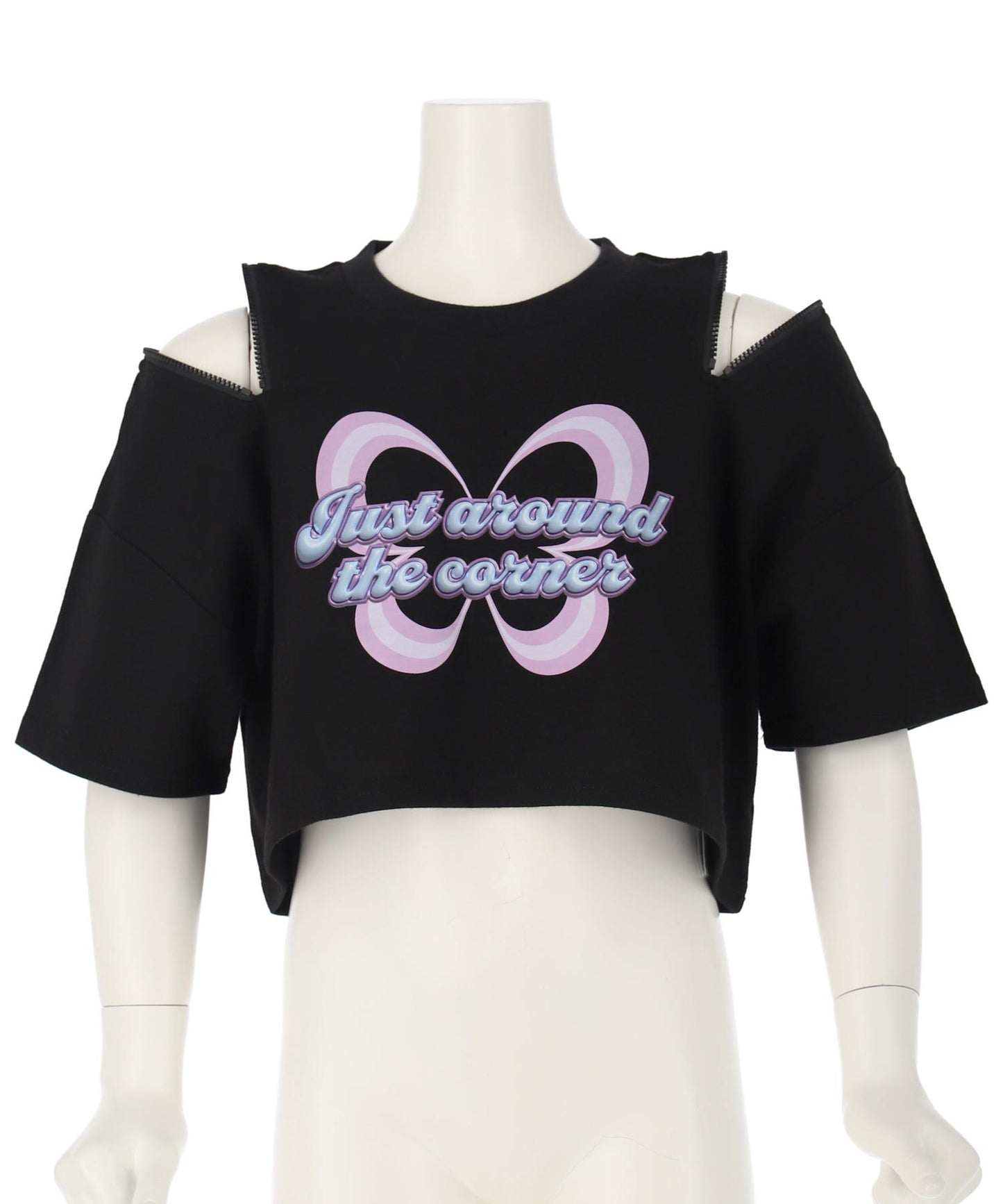 肩ジップ バタフライ プリント クロップド Tシャツ トップス 423-3408