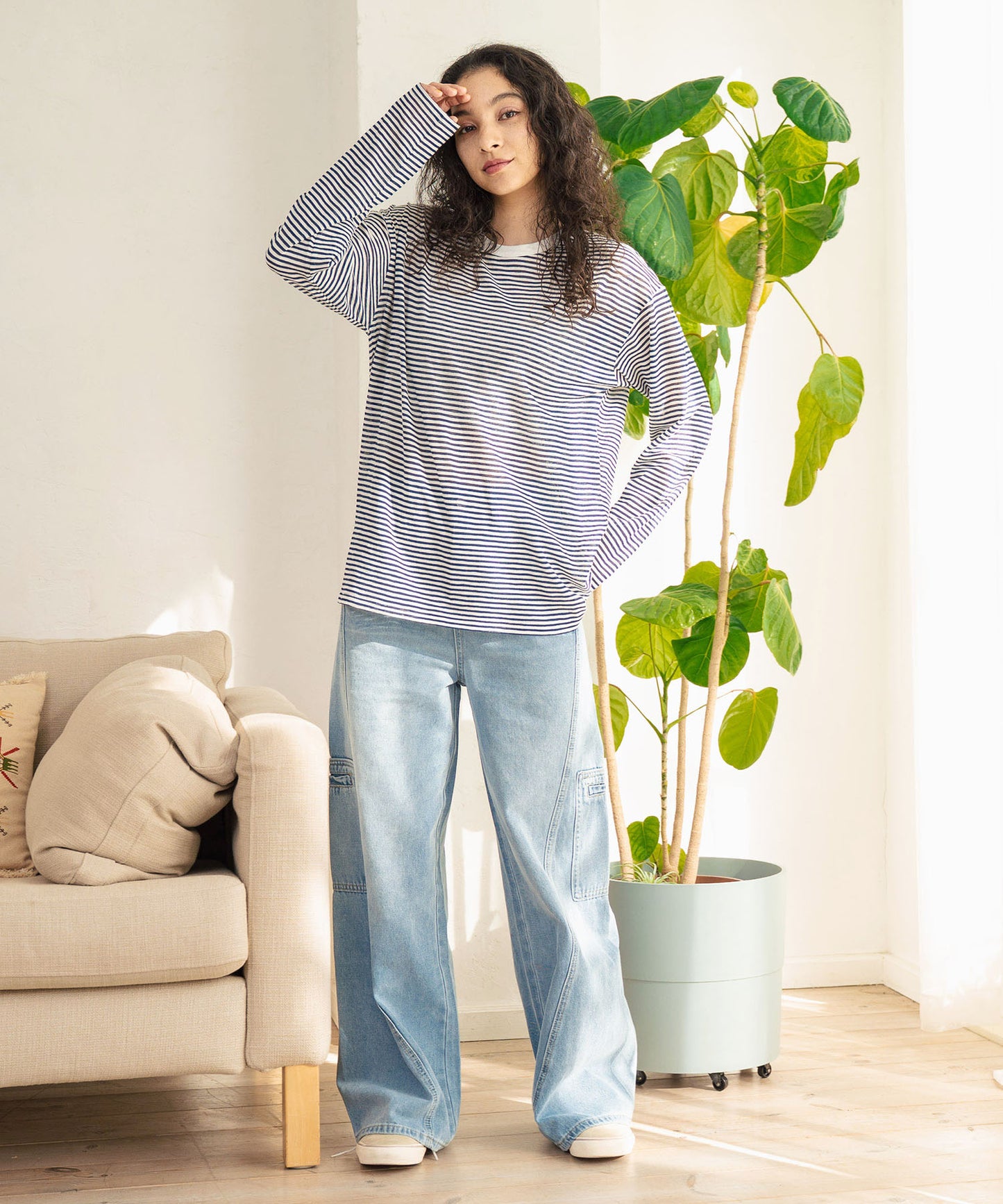 シアー カラー ボーダー ロングスリーブ カットソー 長袖 Tシャツ 853-5933