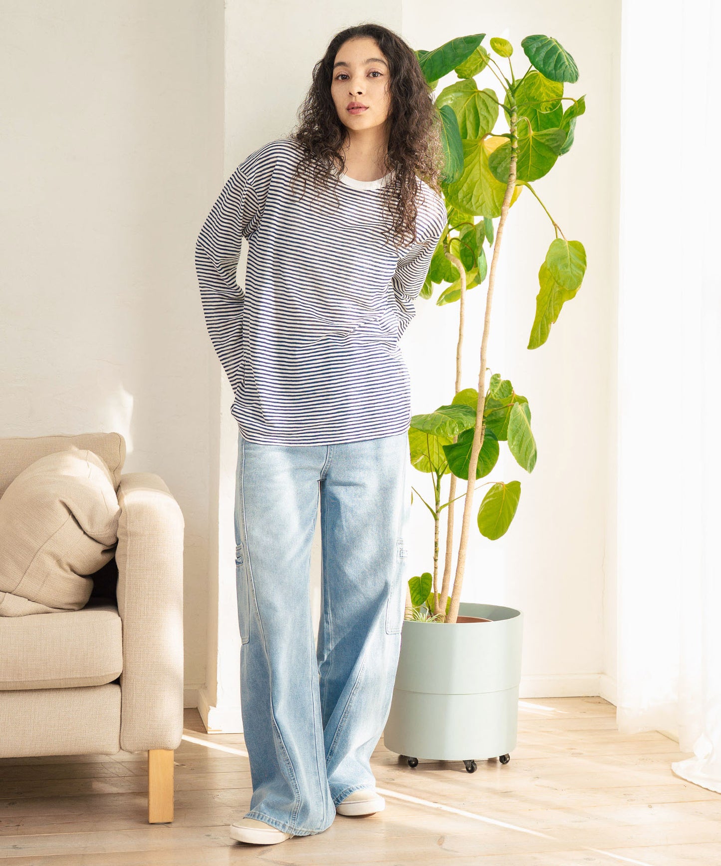シアー カラー ボーダー ロングスリーブ カットソー 長袖 Tシャツ 853-5933