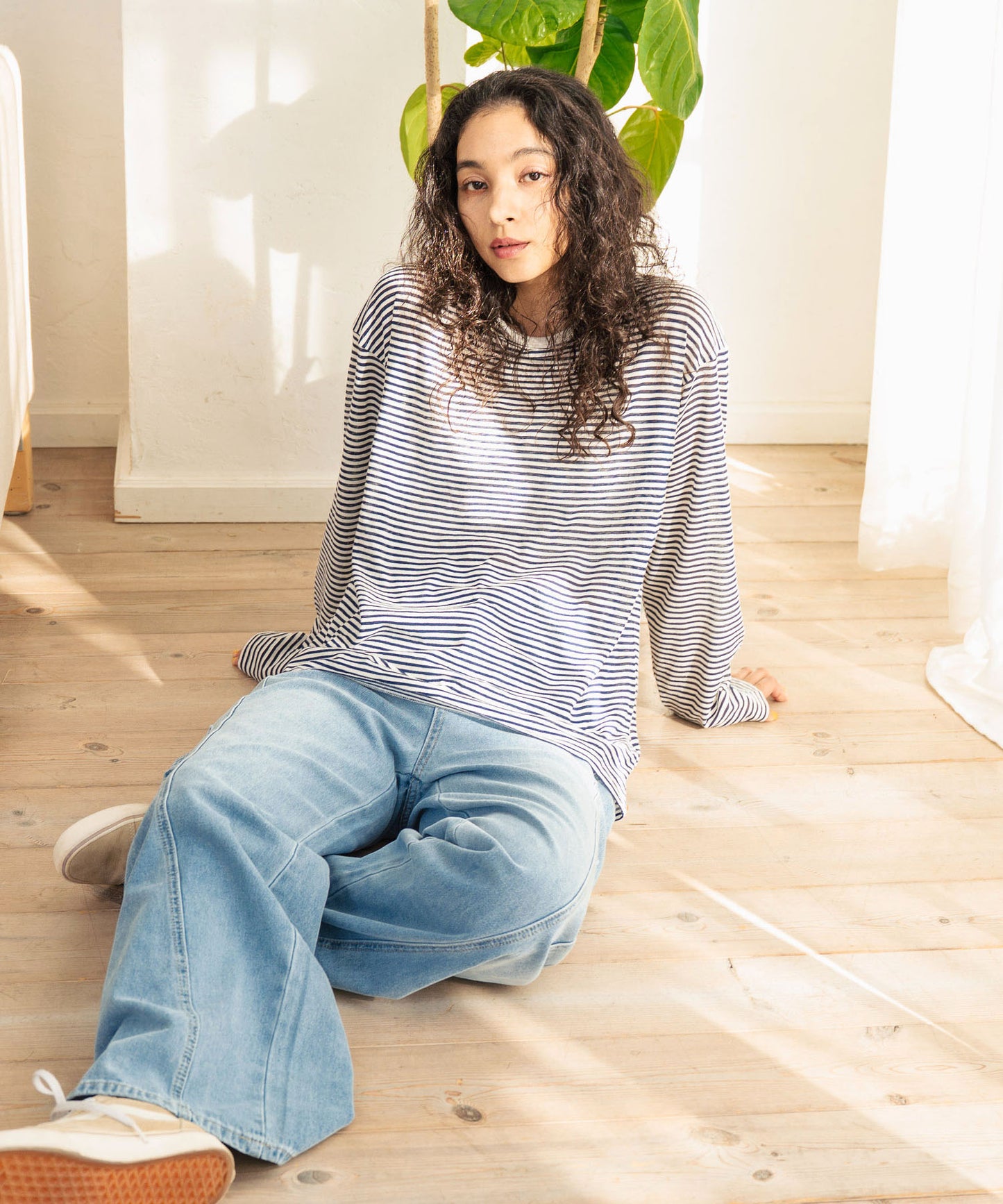シアー カラー ボーダー ロングスリーブ カットソー 長袖 Tシャツ 853-5933