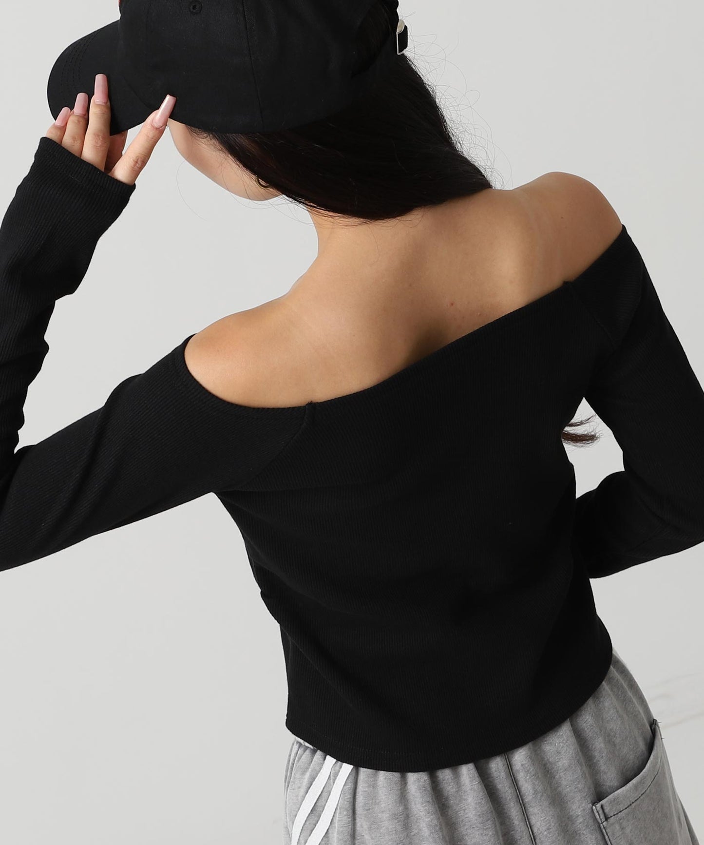 サイド ギャザー オフショルダー リブ トップス 793-9393