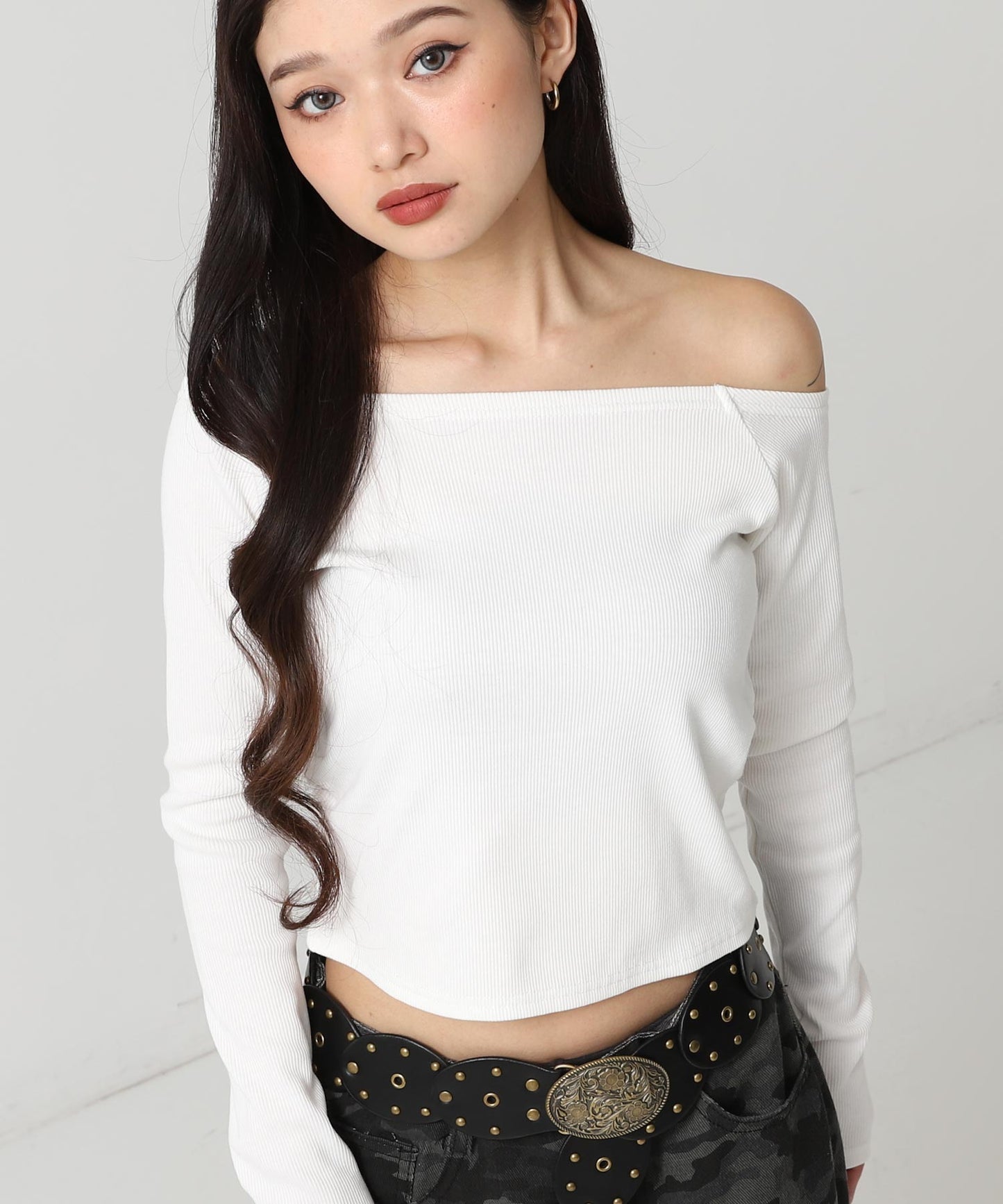 サイド ギャザー オフショルダー リブ トップス 793-9393