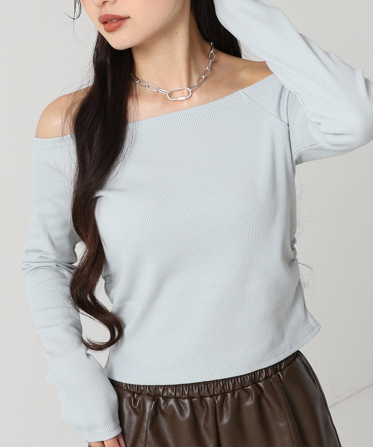 サイド ギャザー オフショルダー リブ トップス 793-9393