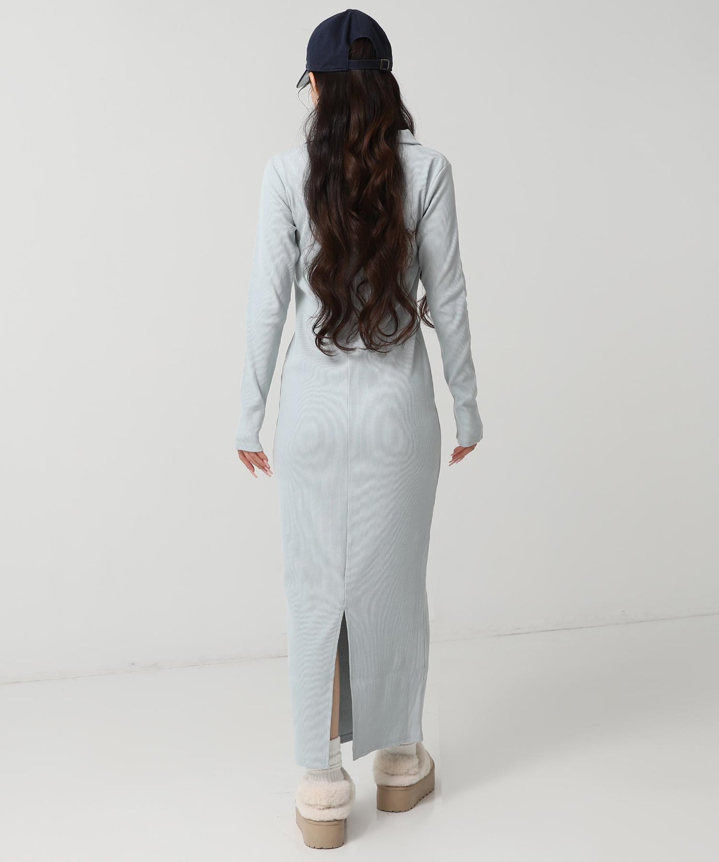 ポロ襟 リブ ロング ワンピース 797-9389