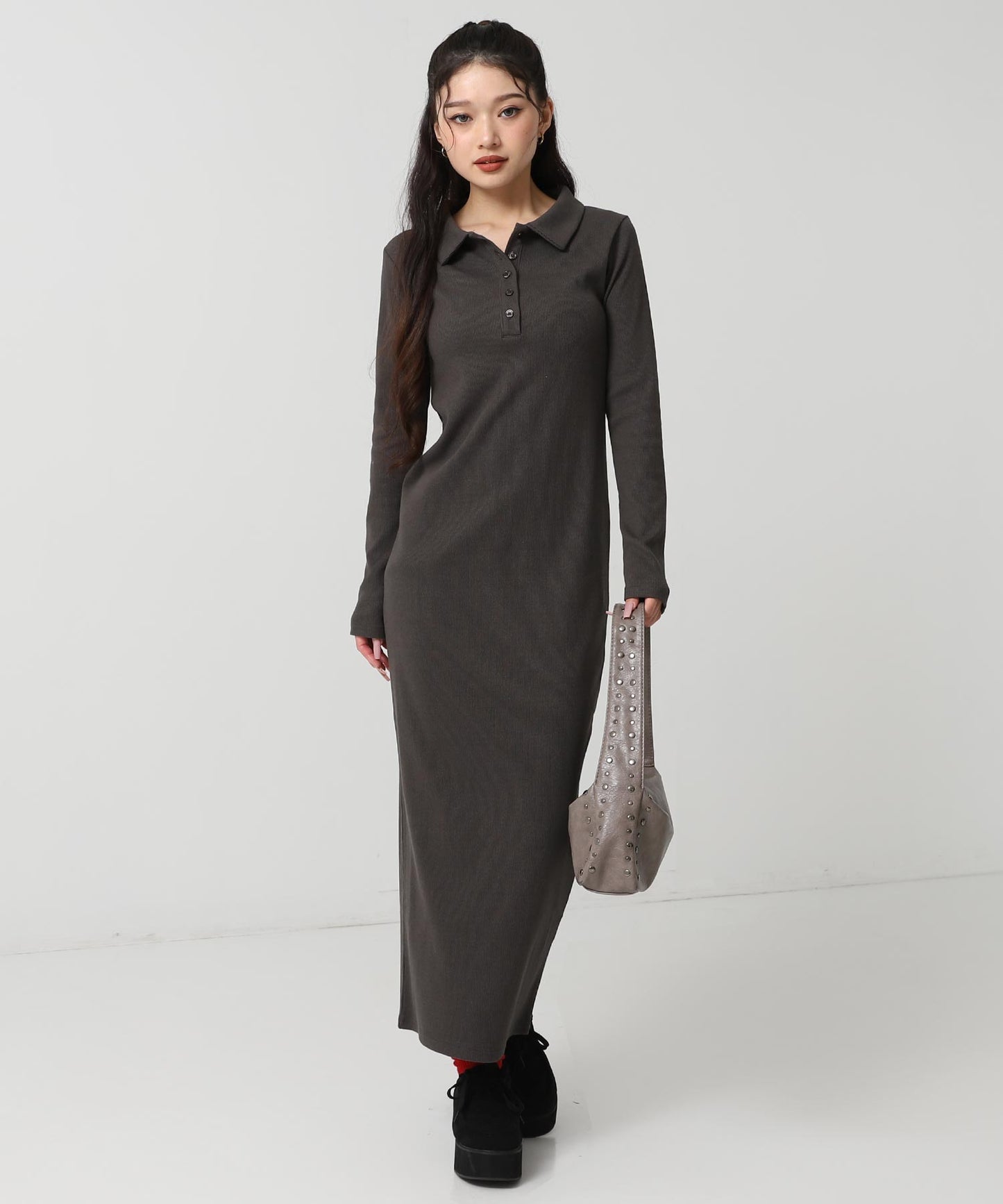 ポロ襟 リブ ロング ワンピース 797-9389