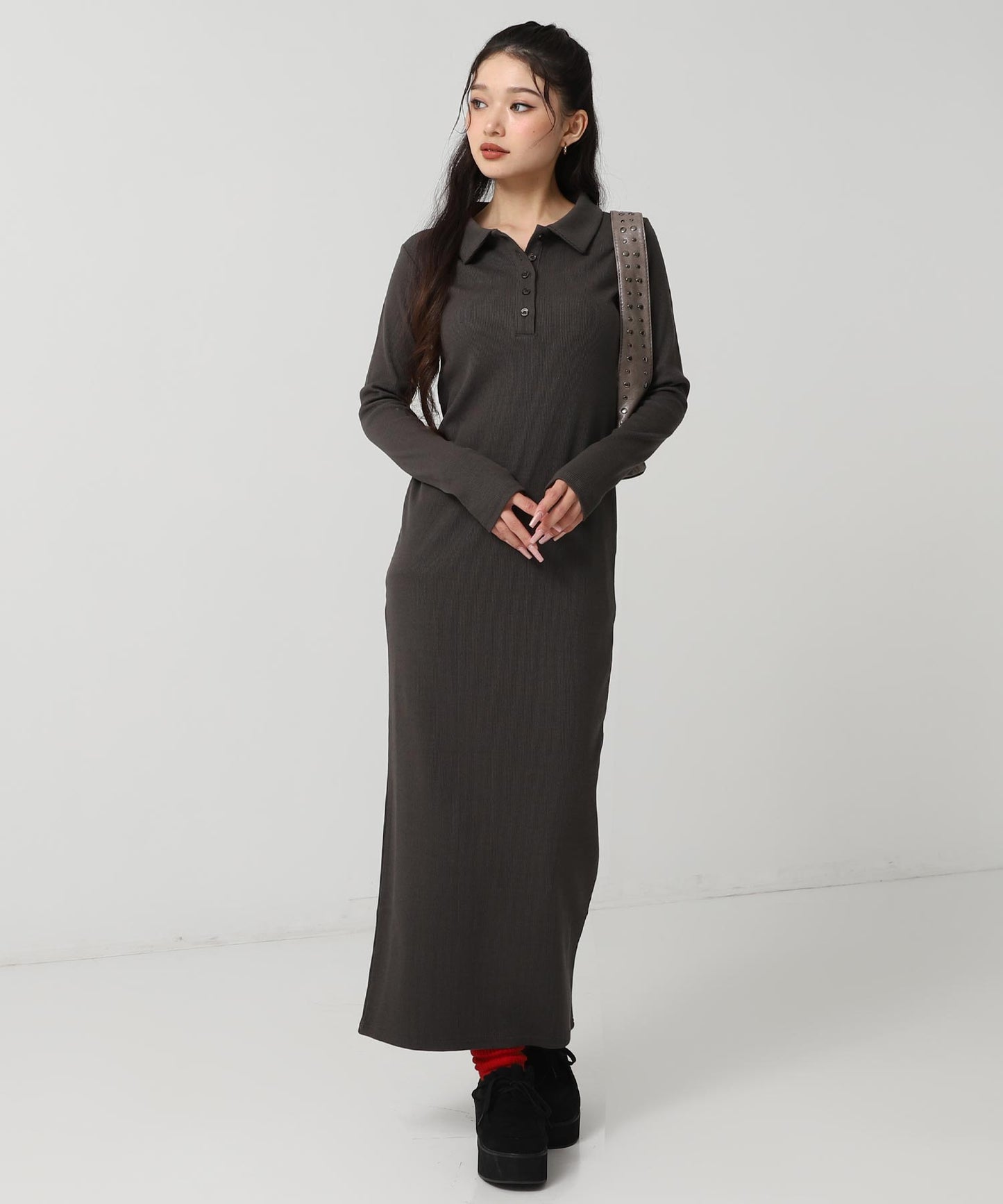 ポロ襟 リブ ロング ワンピース 797-9389