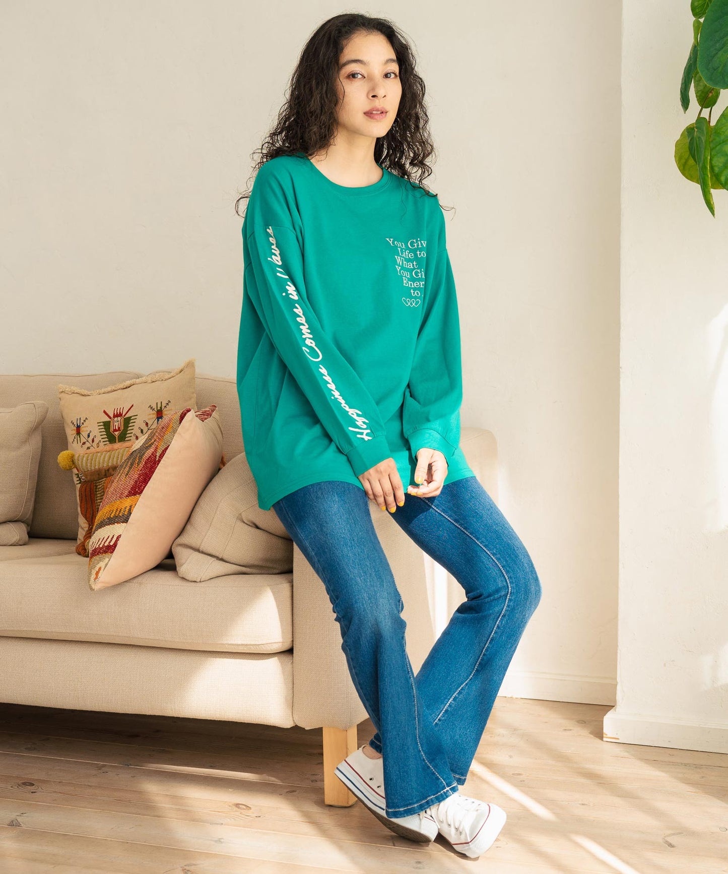 カラーメッセージ 刺繍 袖プリント ビッグ ロングスリーブTシャツ 853-5950