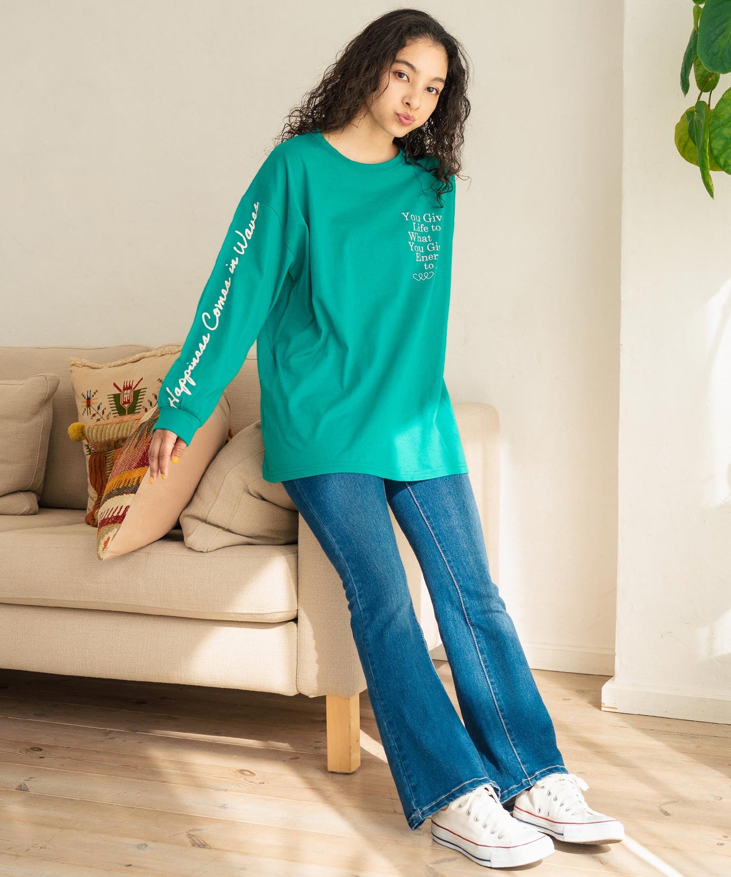 カラーメッセージ 刺繍 袖プリント ビッグ ロングスリーブTシャツ 853-5950