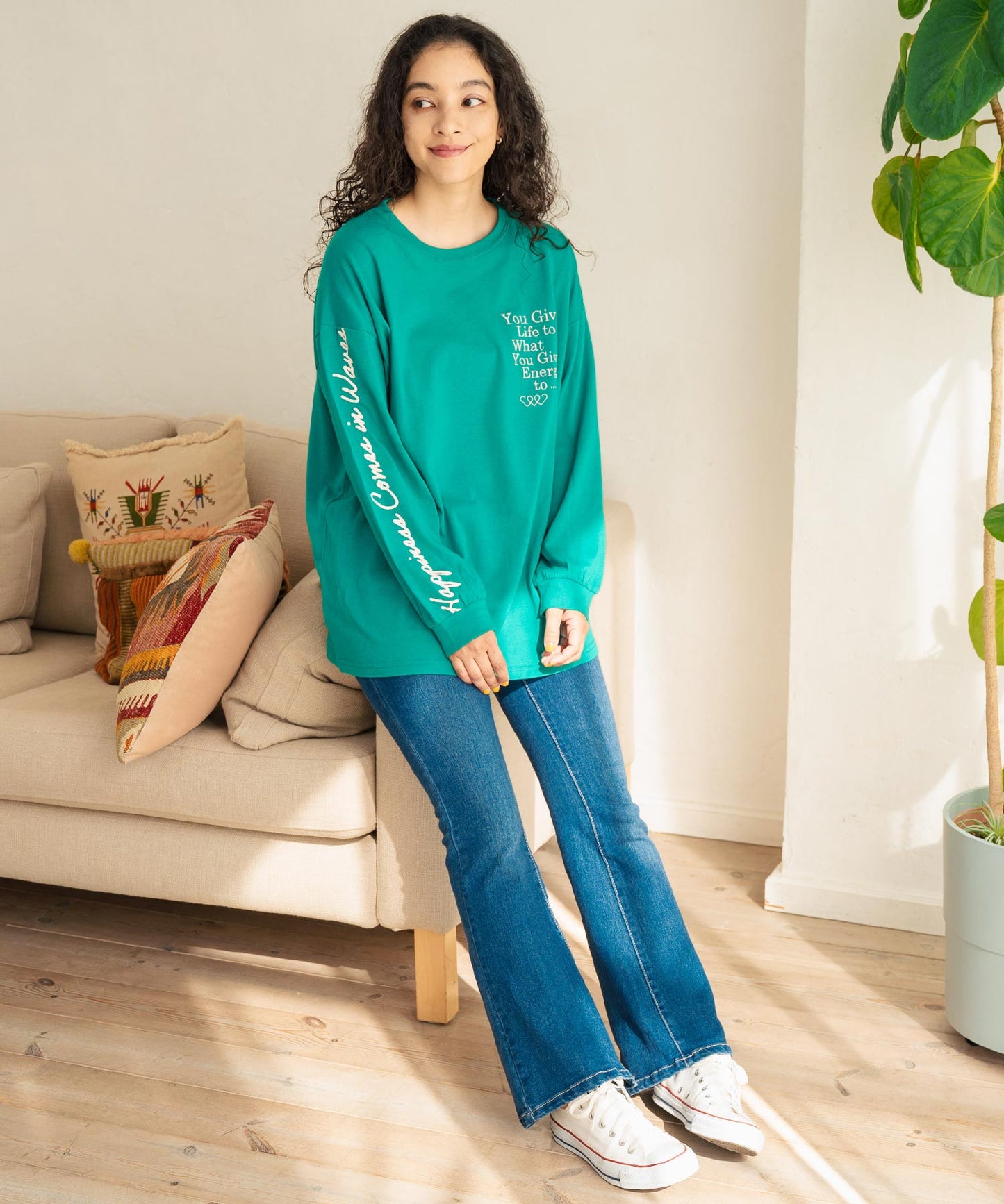 カラーメッセージ 刺繍 袖プリント ビッグ ロングスリーブTシャツ 853-5950