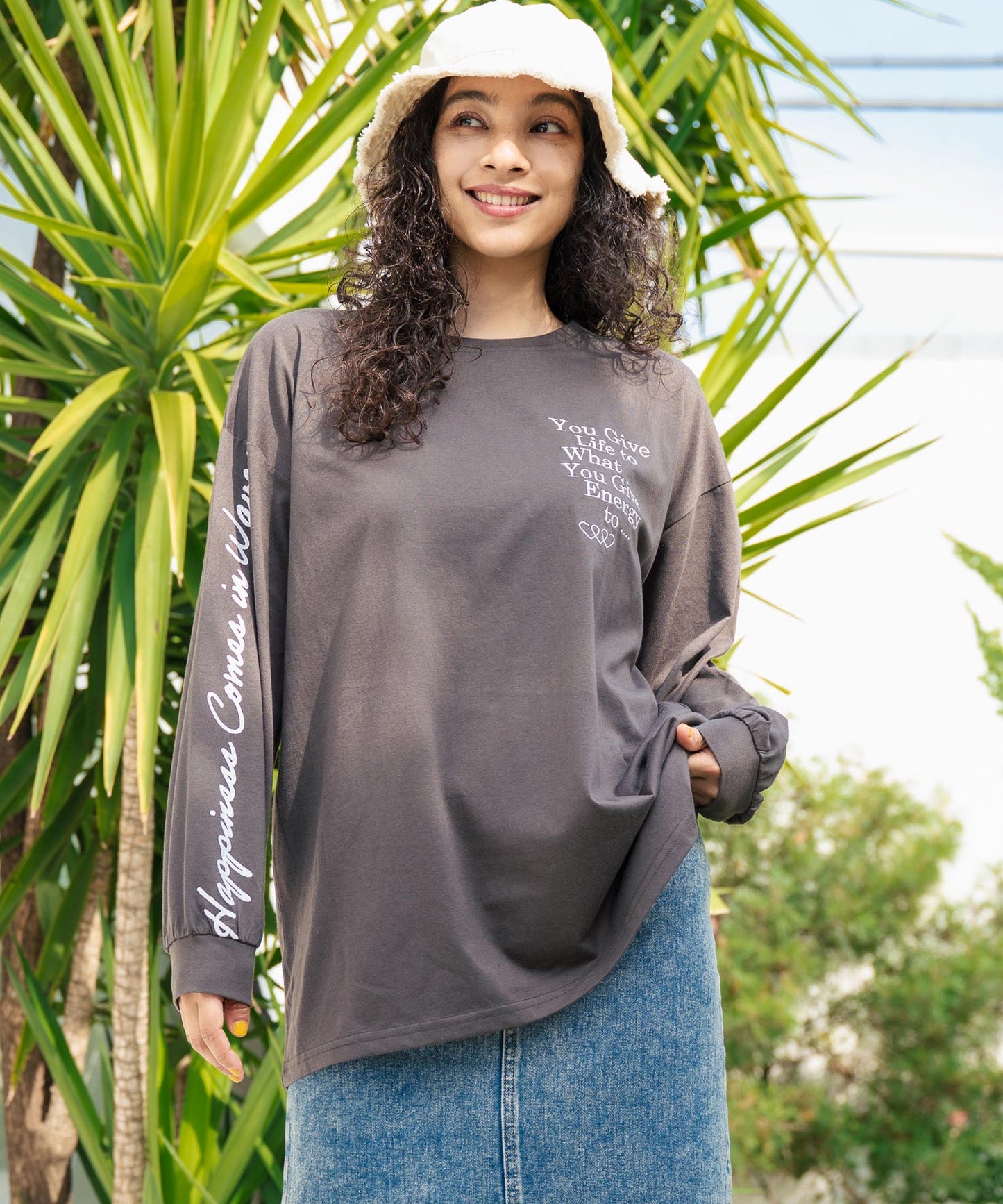 カラーメッセージ 刺繍 袖プリント ビッグ ロングスリーブTシャツ 853-5950