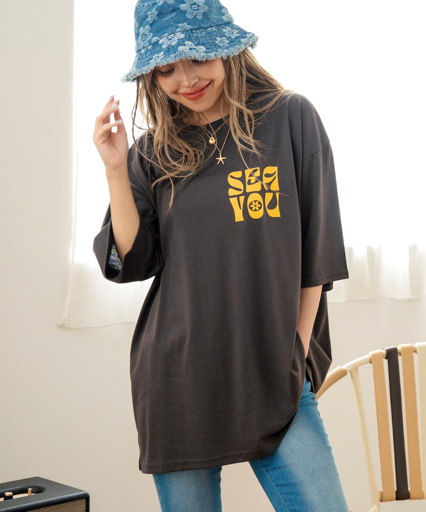 ヴィンテージ風 フラワー プリント ビッグ Tシャツ 853-5954