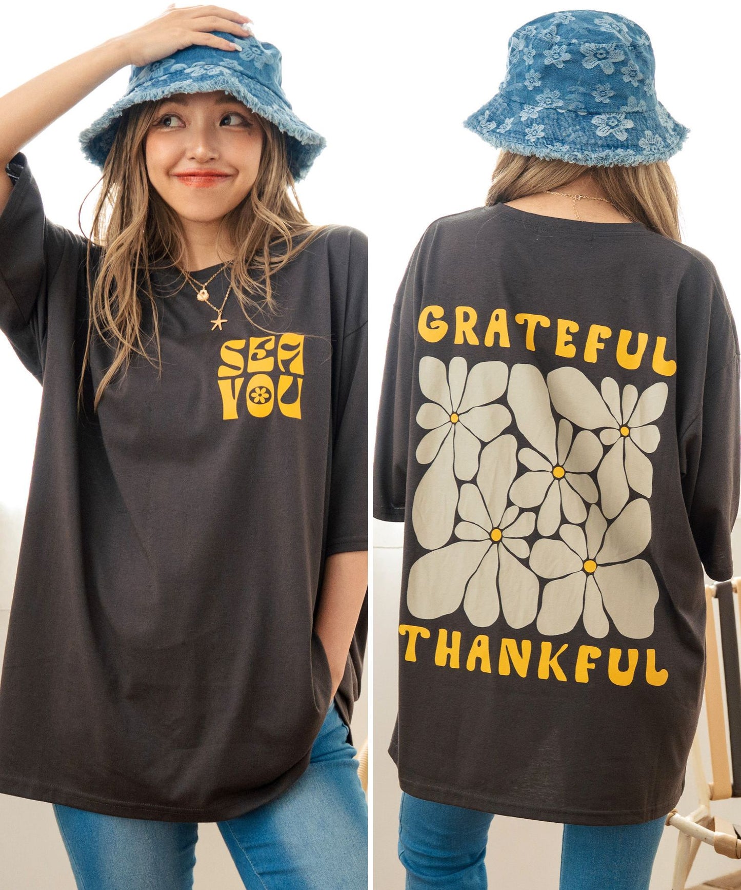 ヴィンテージ風 フラワー プリント ビッグ Tシャツ 853-5954