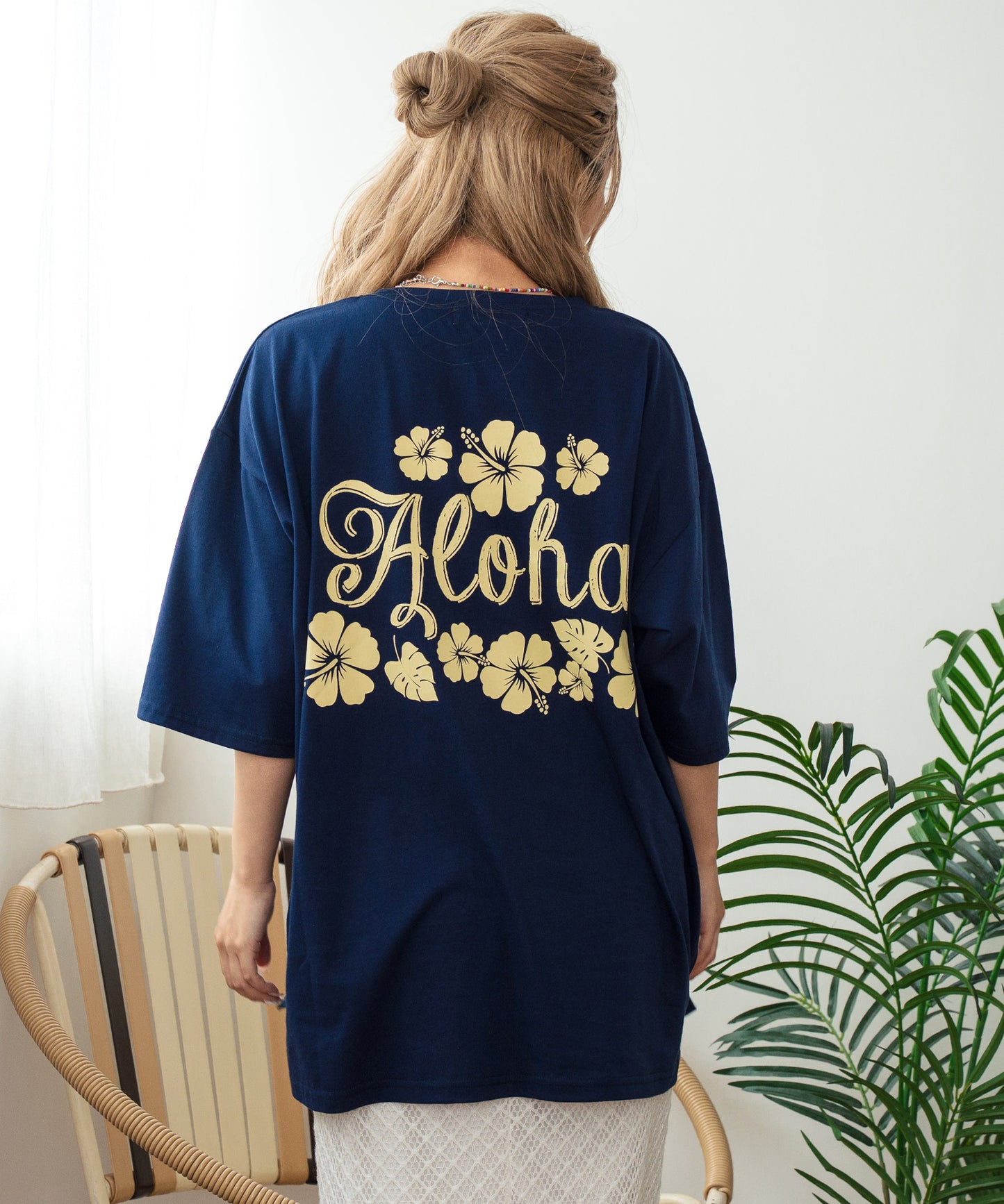 バック ハイビスカス プリント オーバーサイズ Tシャツ 853-5957
