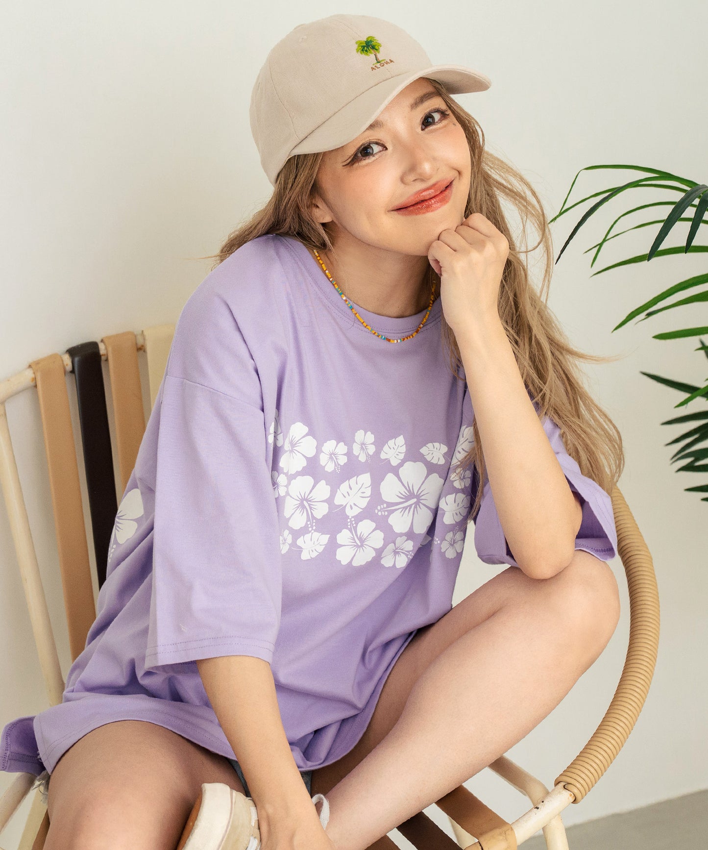 バック ハイビスカス プリント オーバーサイズ Tシャツ 853-5957