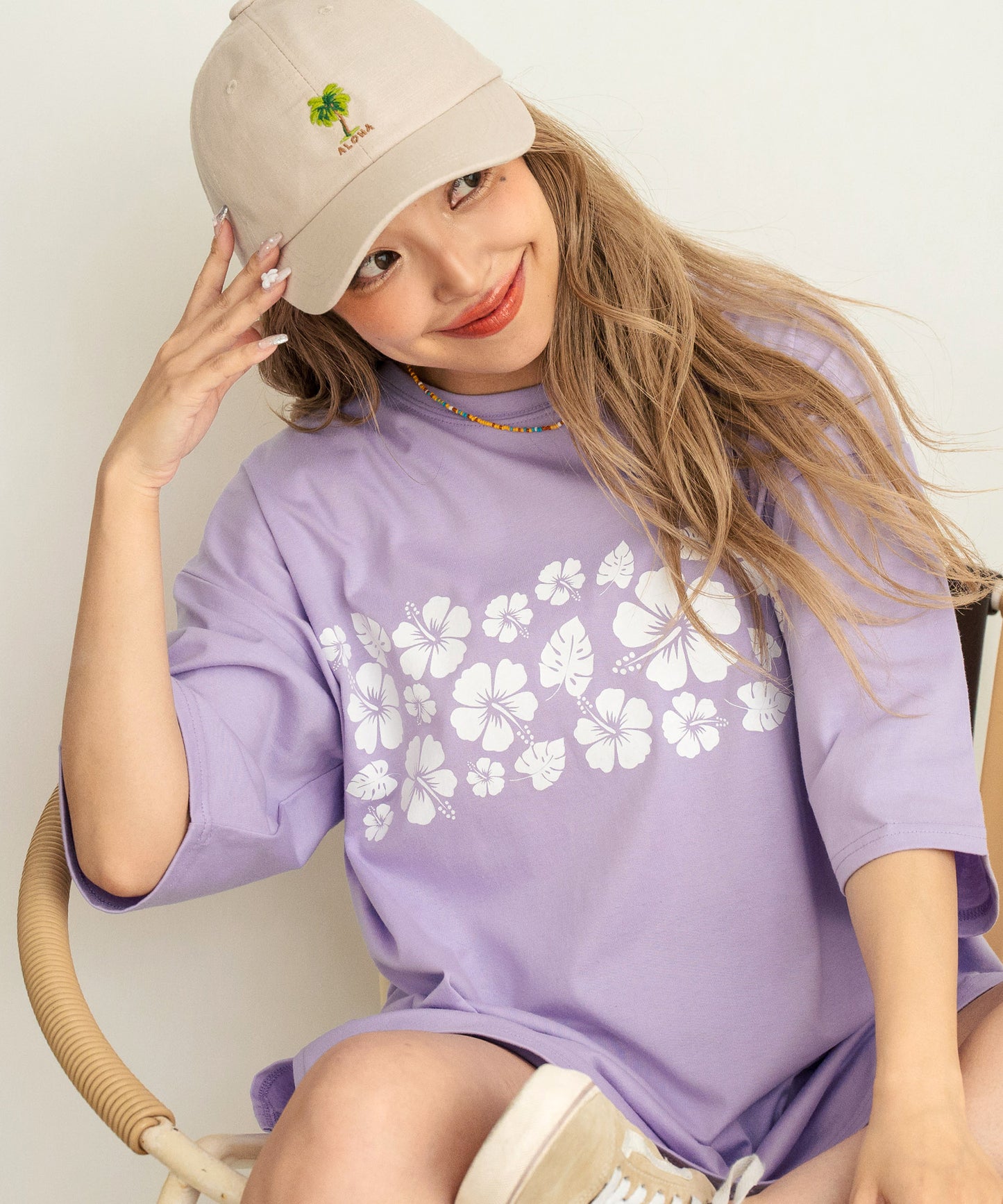 バック ハイビスカス プリント オーバーサイズ Tシャツ 853-5957