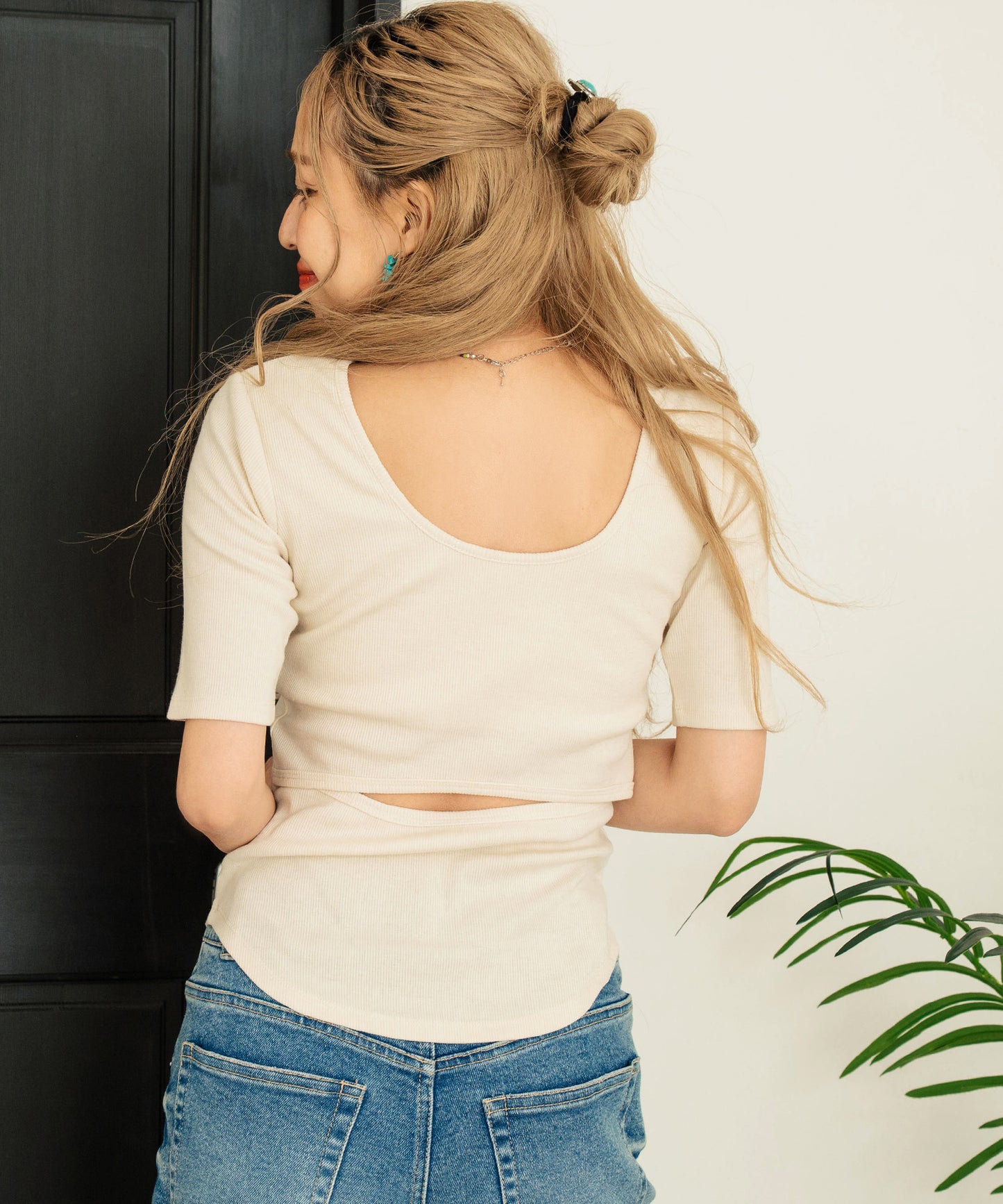 バックオープン テレコ リブ カップ付き 半袖 Tシャツ 853-6018