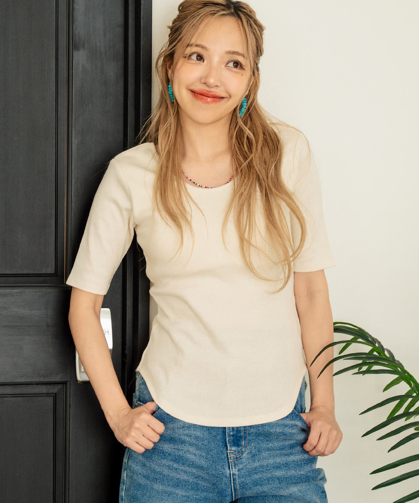 バックオープン テレコ リブ カップ付き 半袖 Tシャツ 853-6018