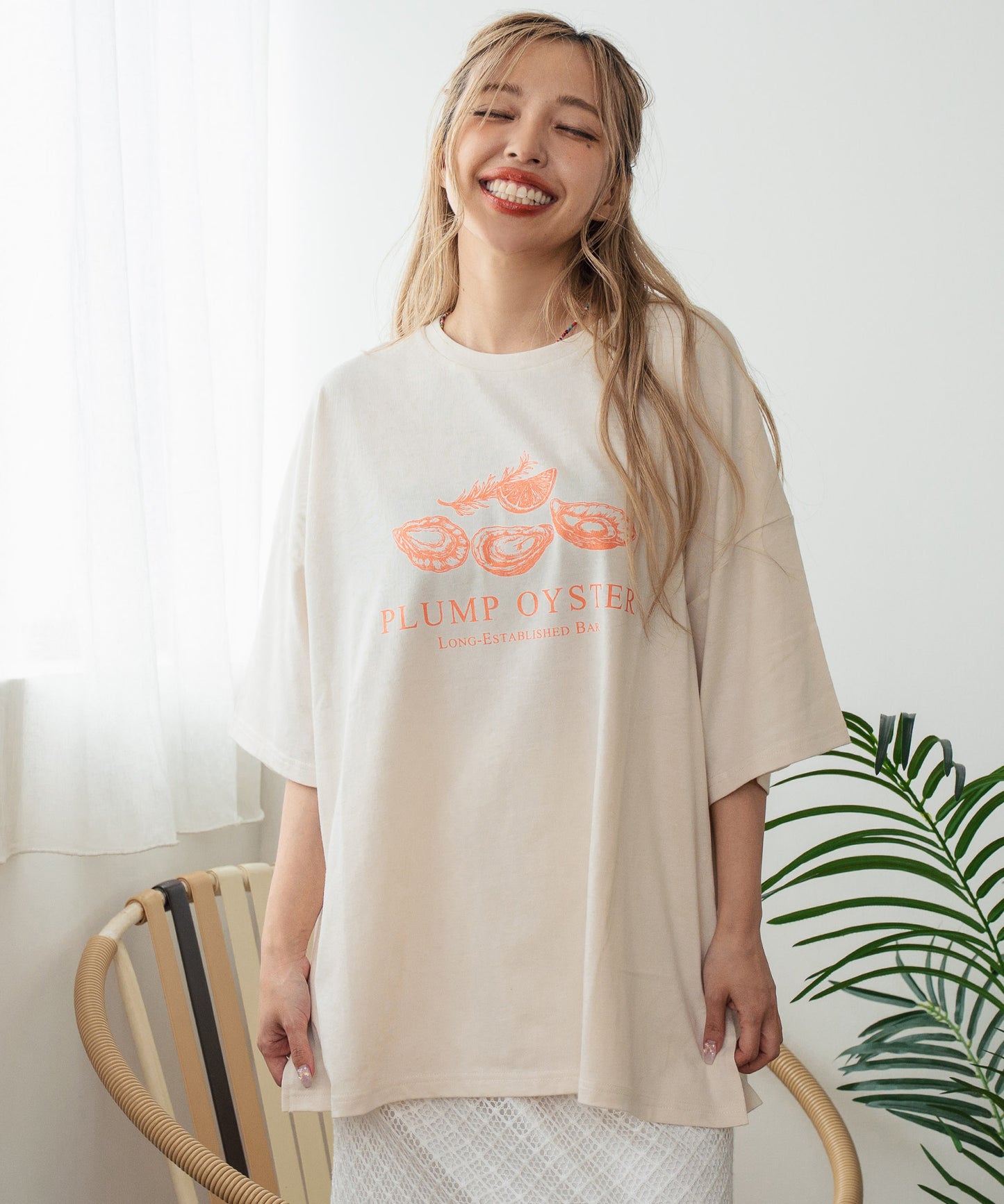 オイスター プリント 半袖 オーバーサイズ Tシャツ 853-6024