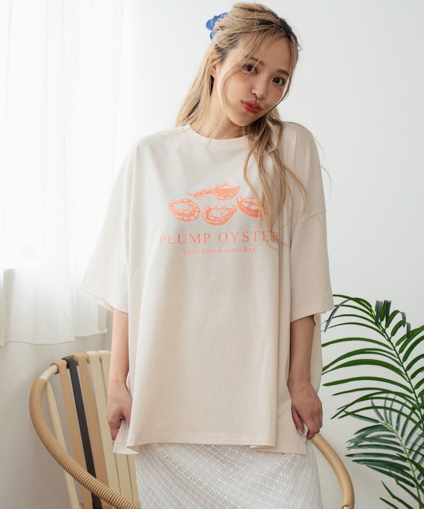 オイスター プリント 半袖 オーバーサイズ Tシャツ 853-6024