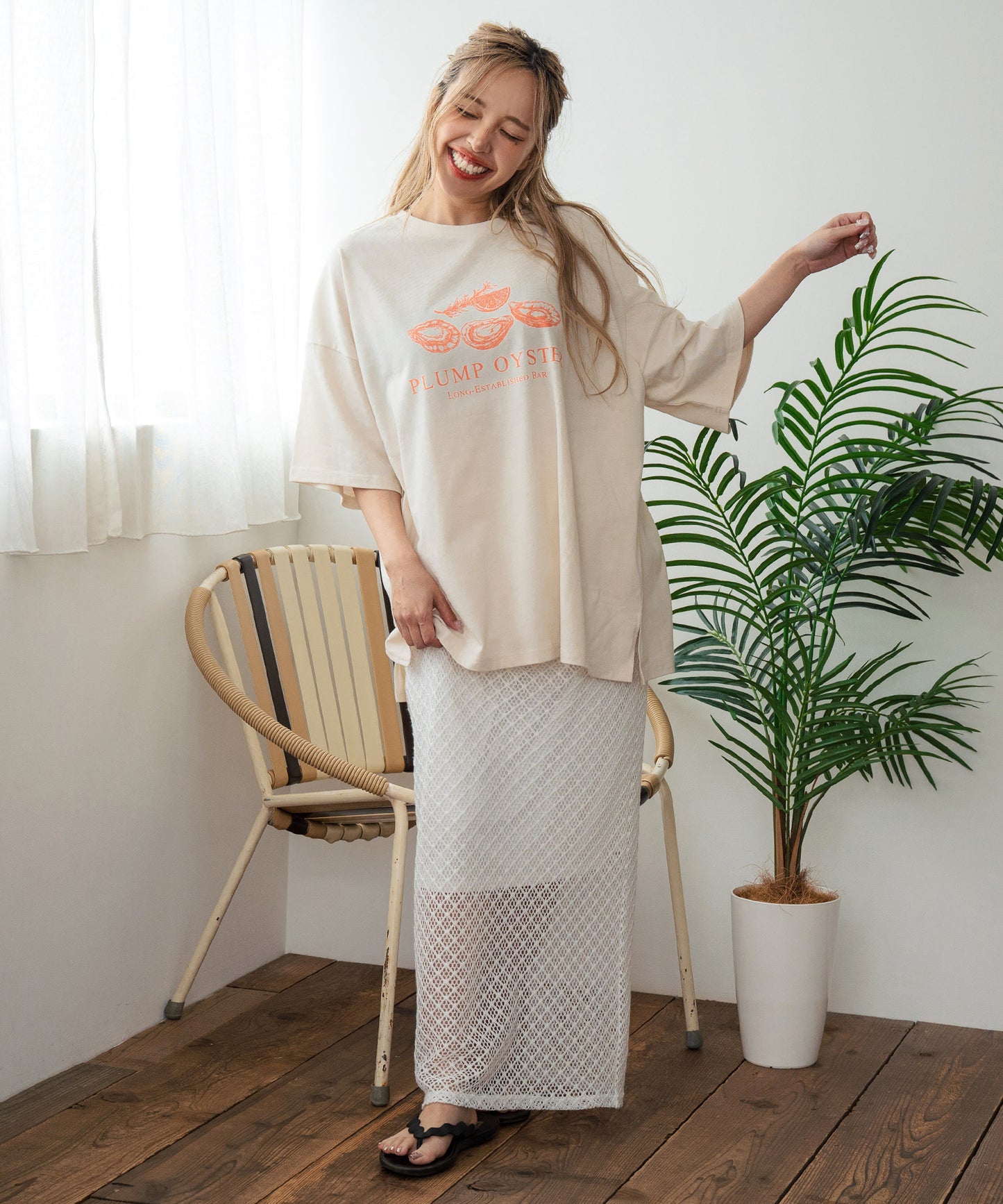 オイスター プリント 半袖 オーバーサイズ Tシャツ 853-6024