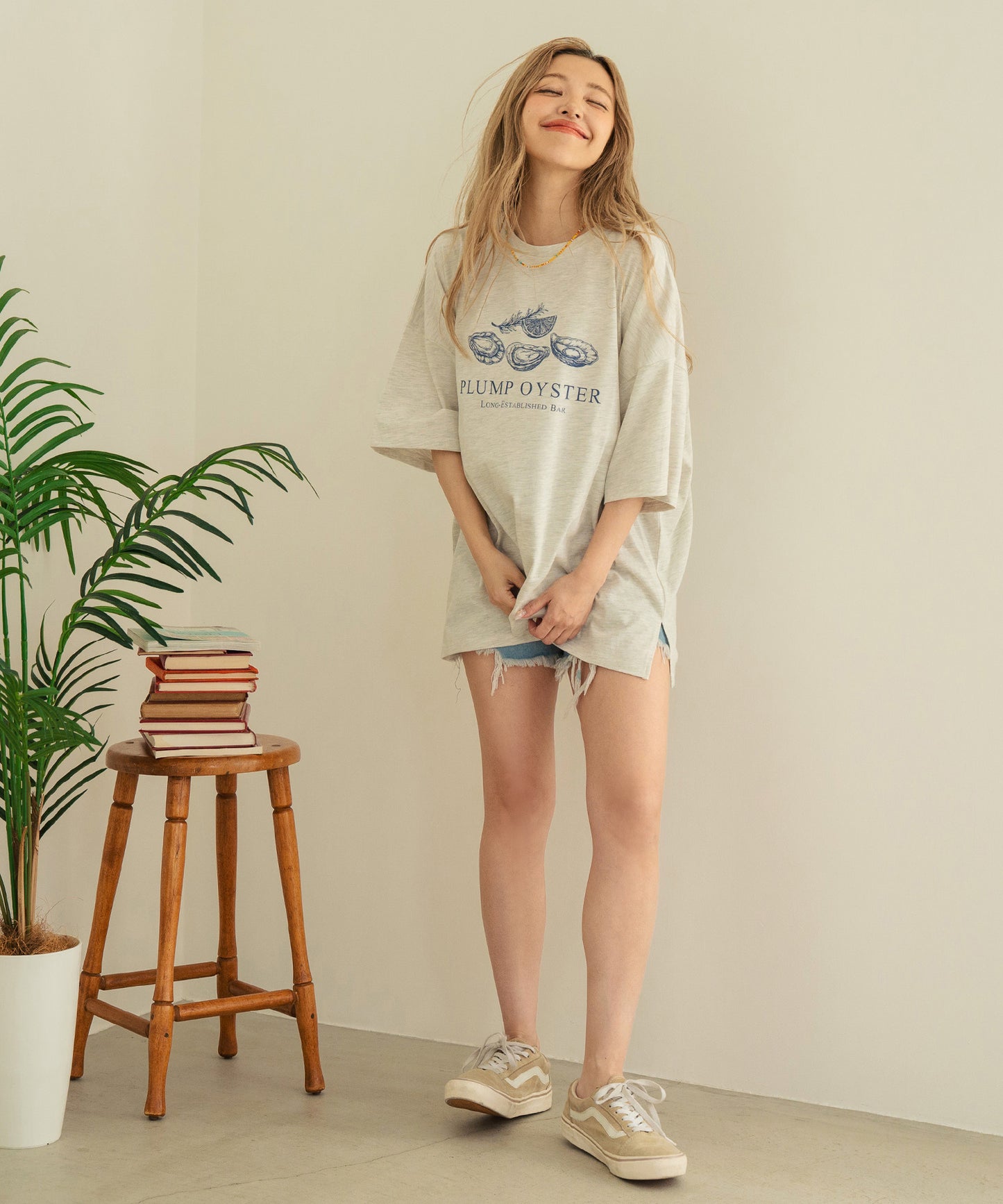オイスター プリント 半袖 オーバーサイズ Tシャツ 853-6024