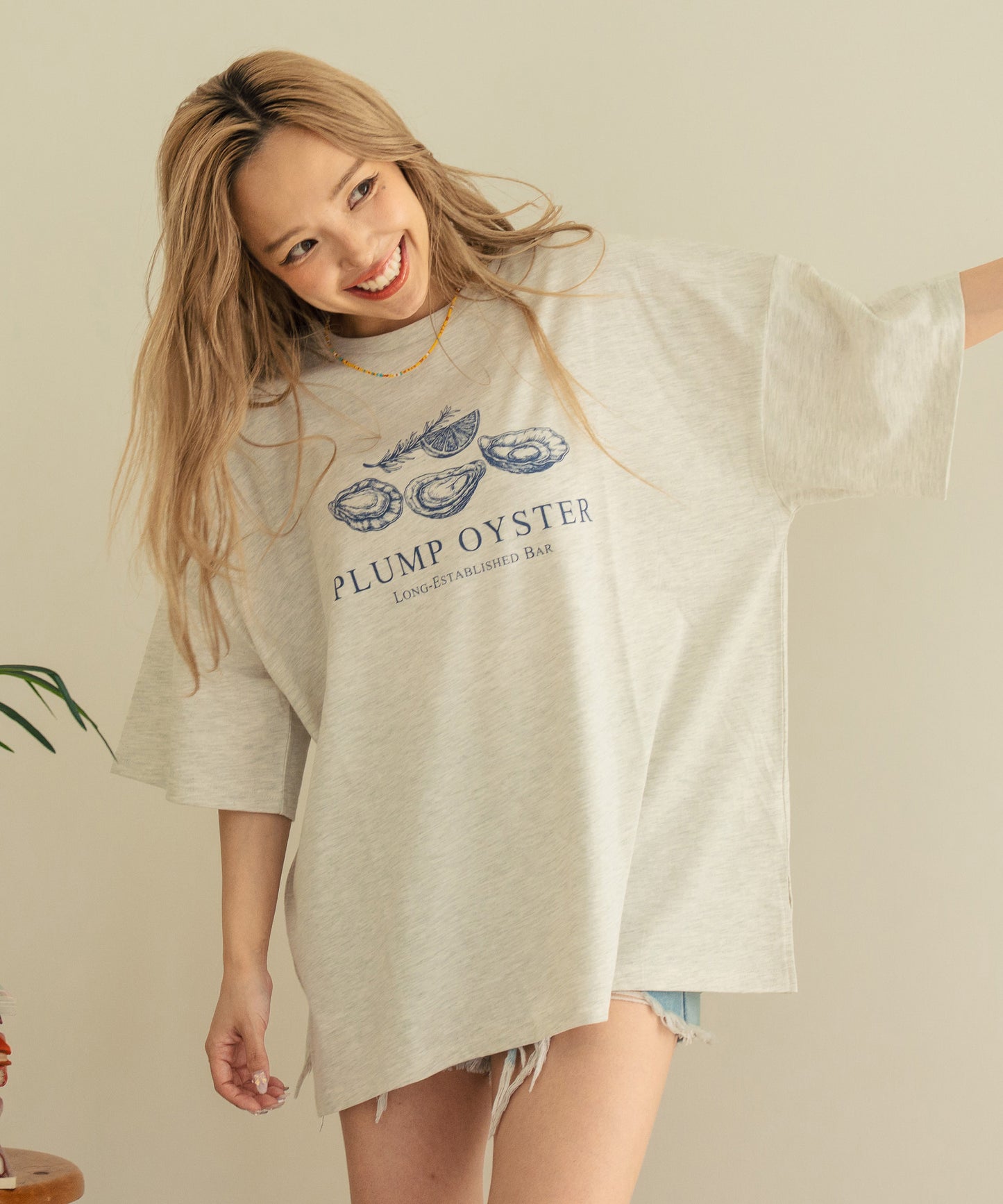 オイスター プリント 半袖 オーバーサイズ Tシャツ 853-6024