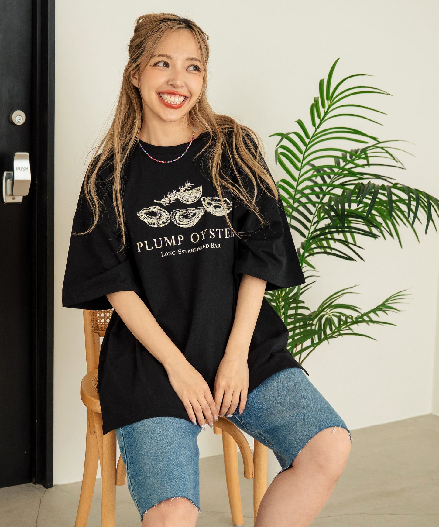 オイスター プリント 半袖 オーバーサイズ Tシャツ 853-6024