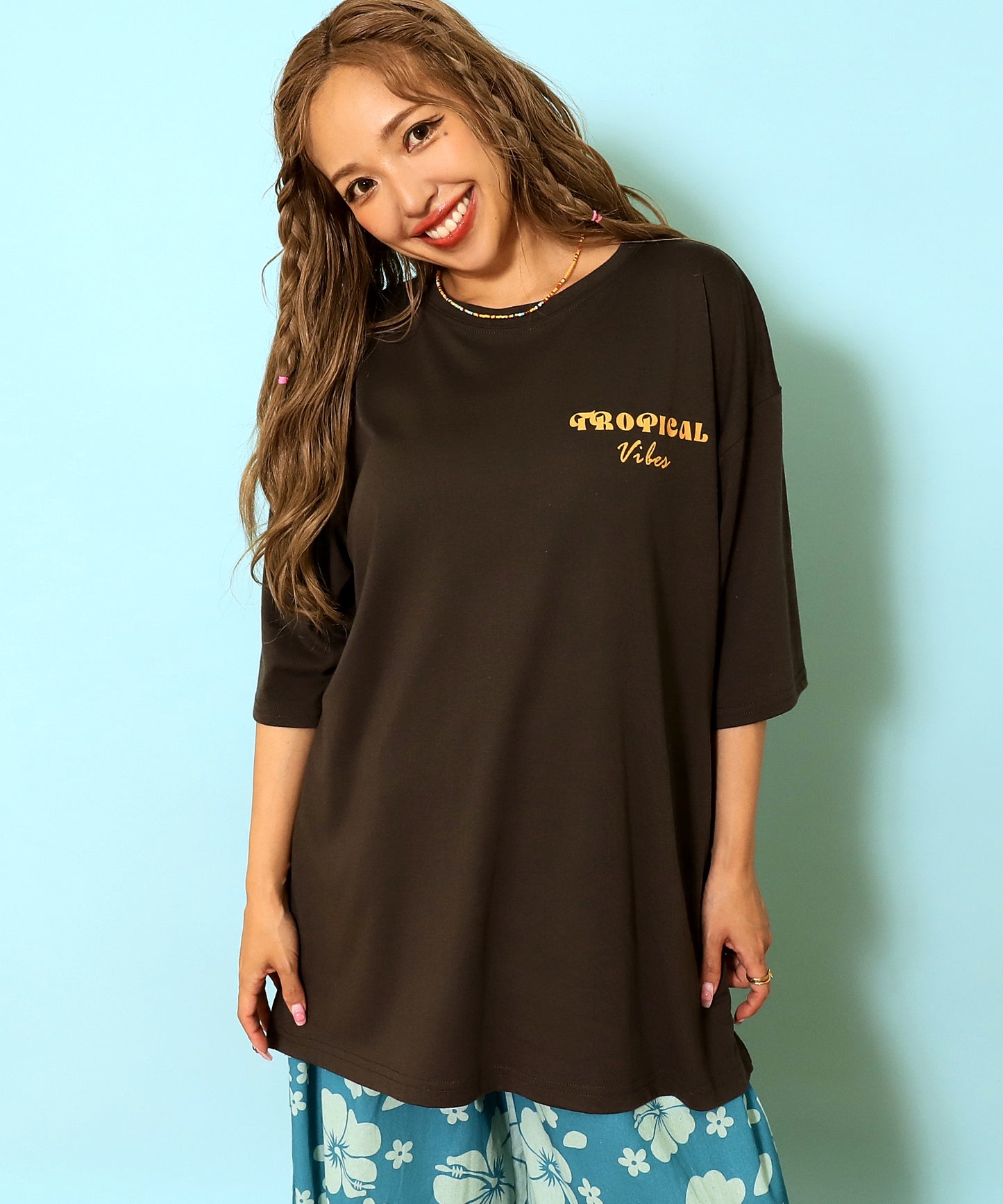 カラー パームツリー プリント オーバーサイズ Tシャツ 853-6027