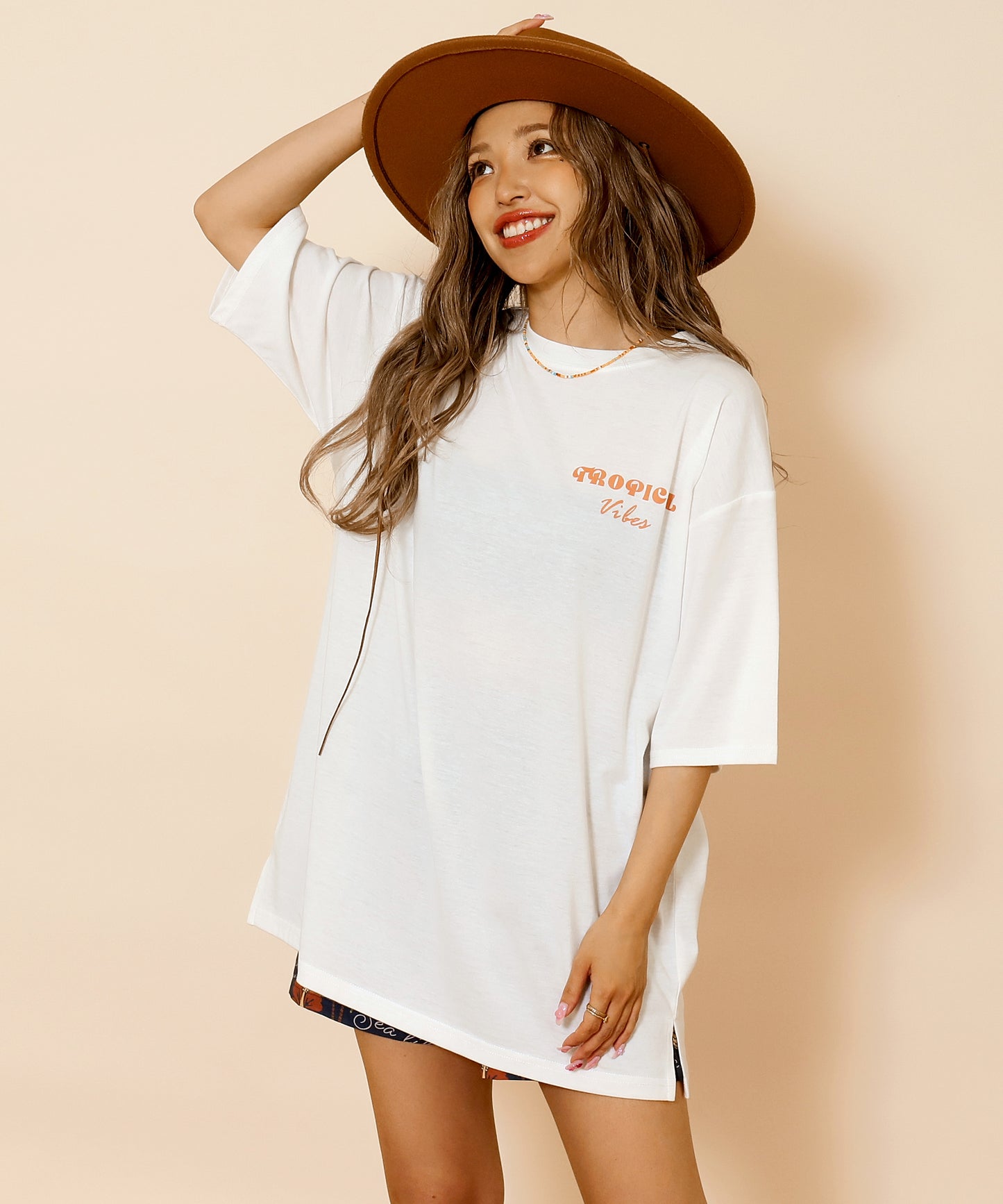 カラー パームツリー プリント オーバーサイズ Tシャツ 853-6027