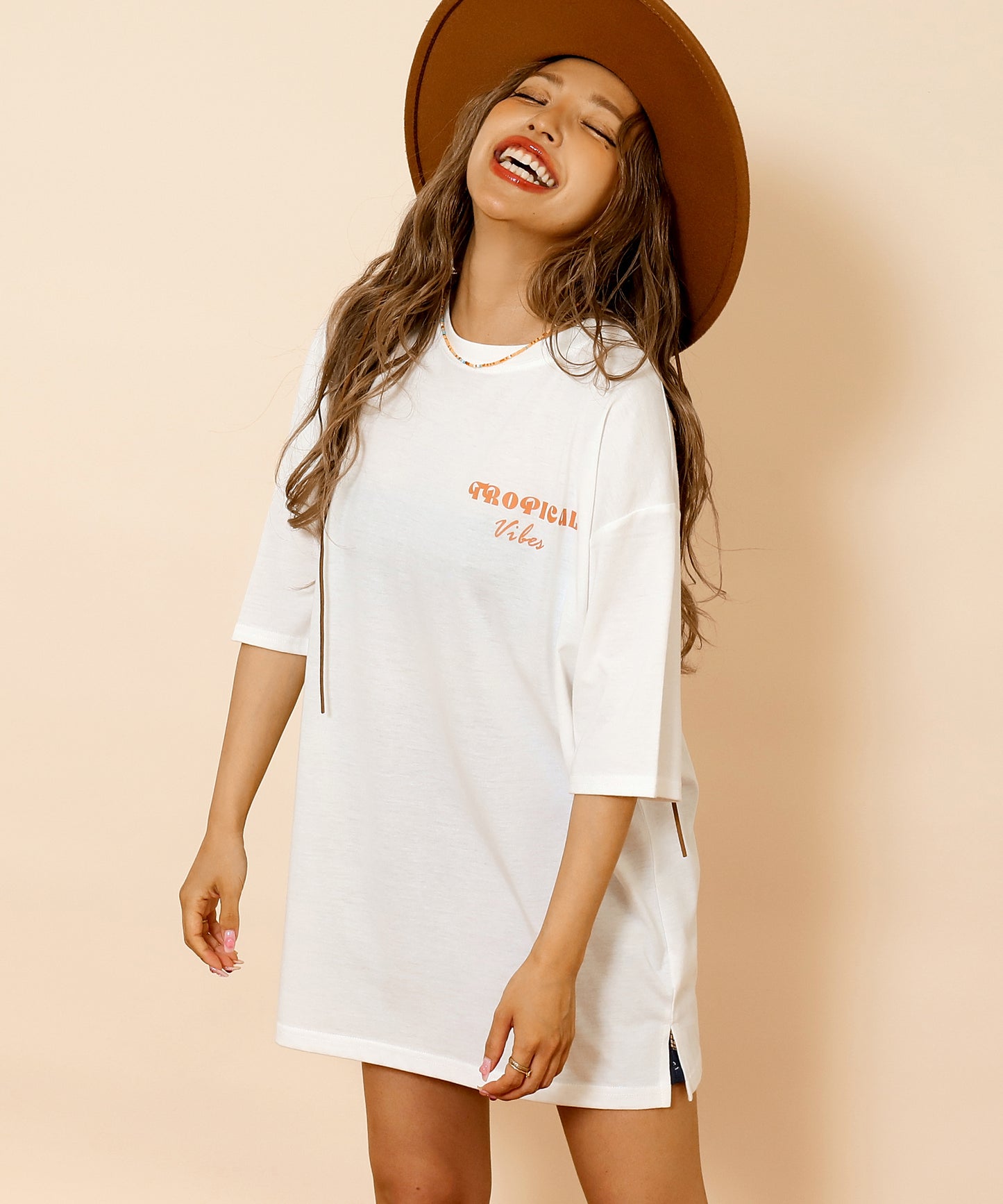 カラー パームツリー プリント オーバーサイズ Tシャツ 853-6027