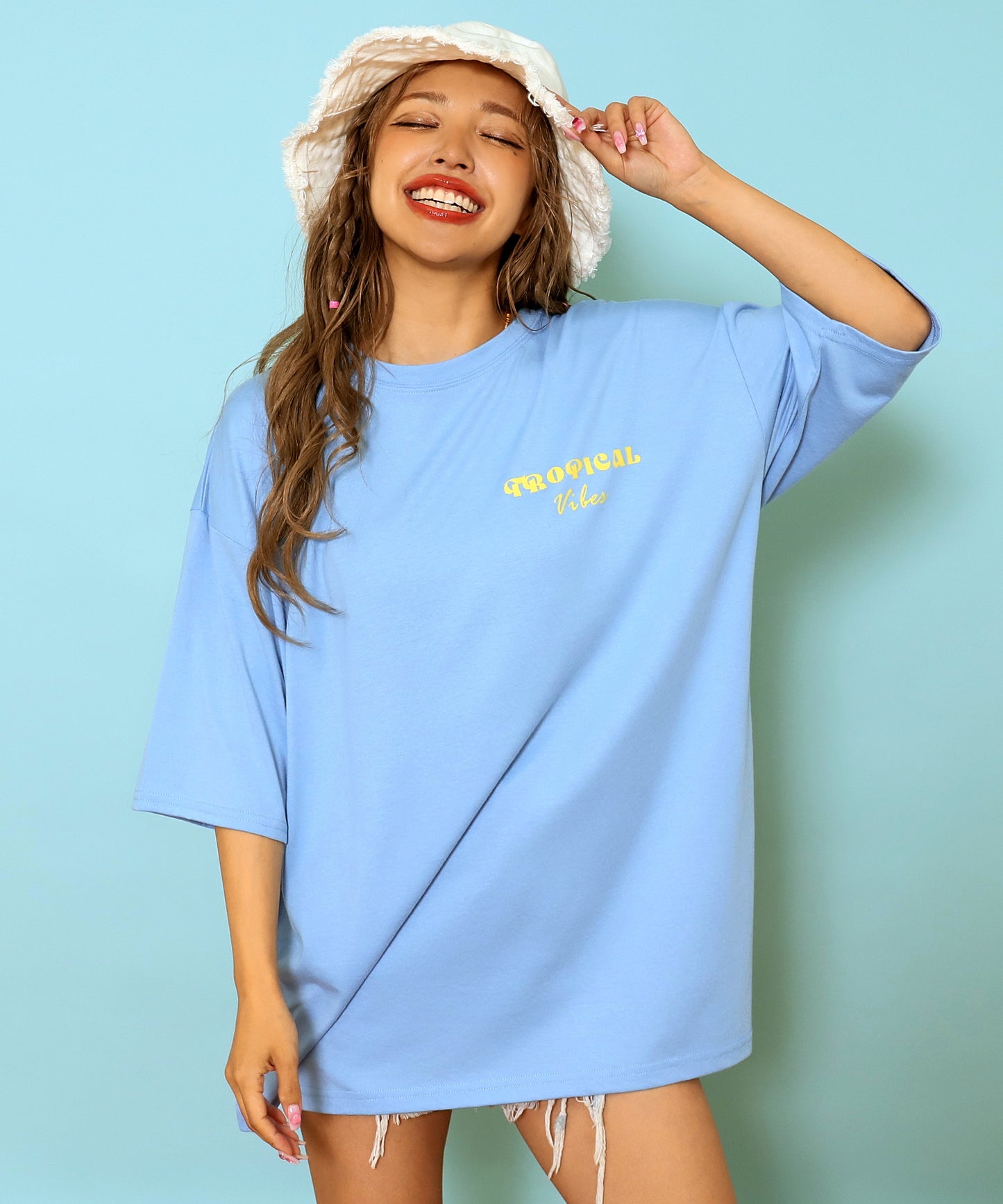 カラー パームツリー プリント オーバーサイズ Tシャツ 853-6027