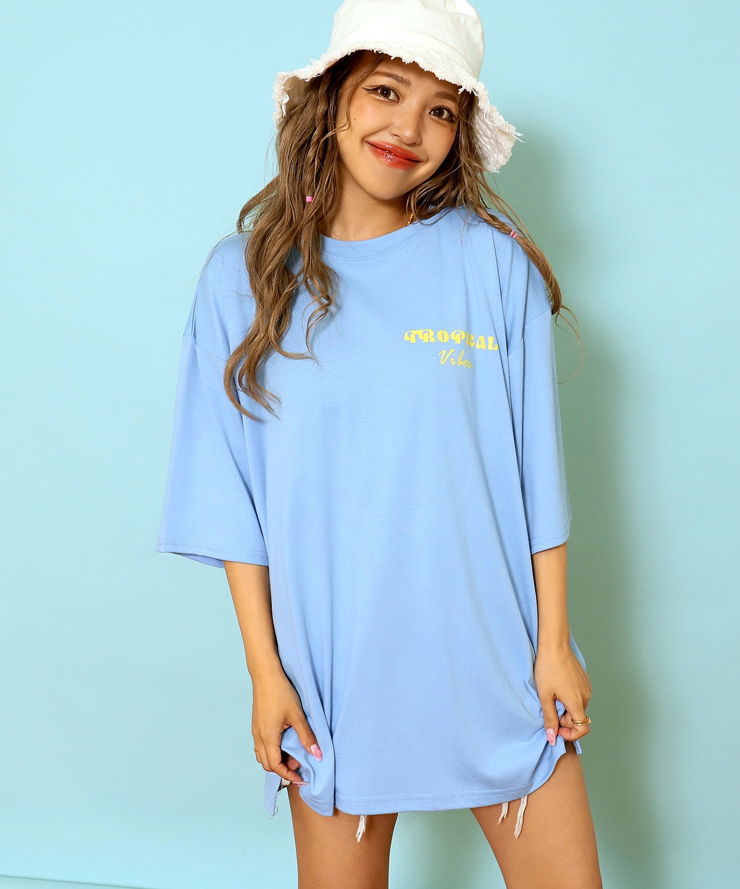 カラー パームツリー プリント オーバーサイズ Tシャツ 853-6027