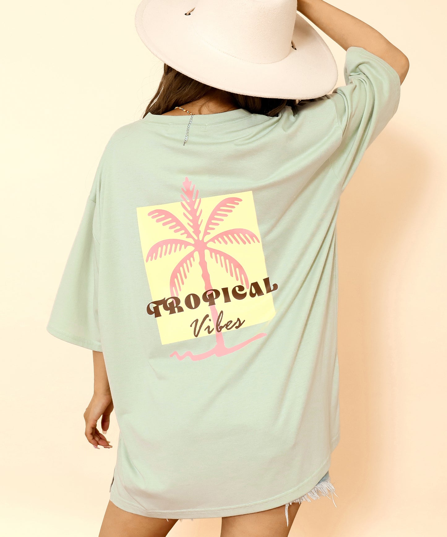 カラー パームツリー プリント オーバーサイズ Tシャツ 853-6027