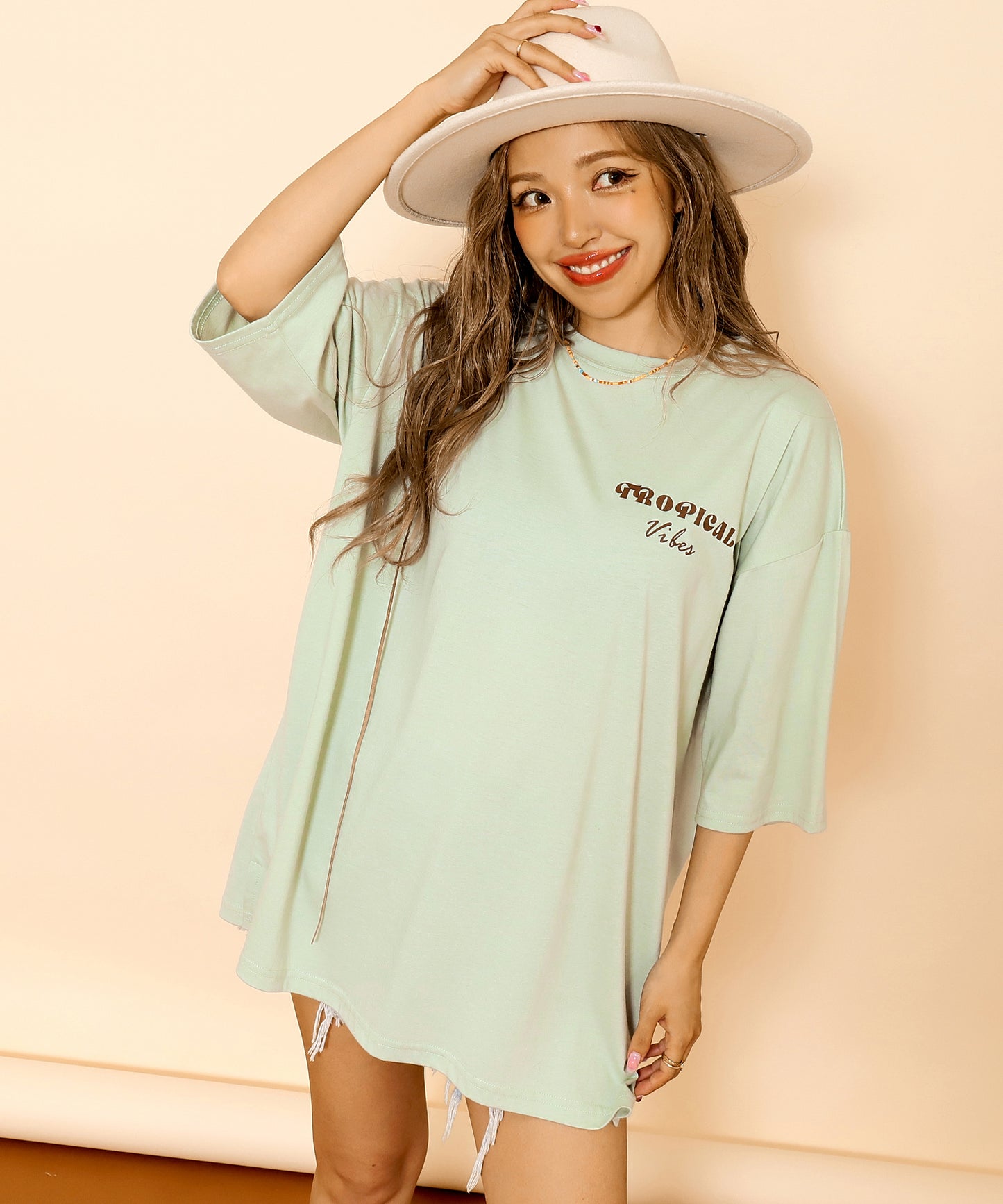 カラー パームツリー プリント オーバーサイズ Tシャツ 853-6027