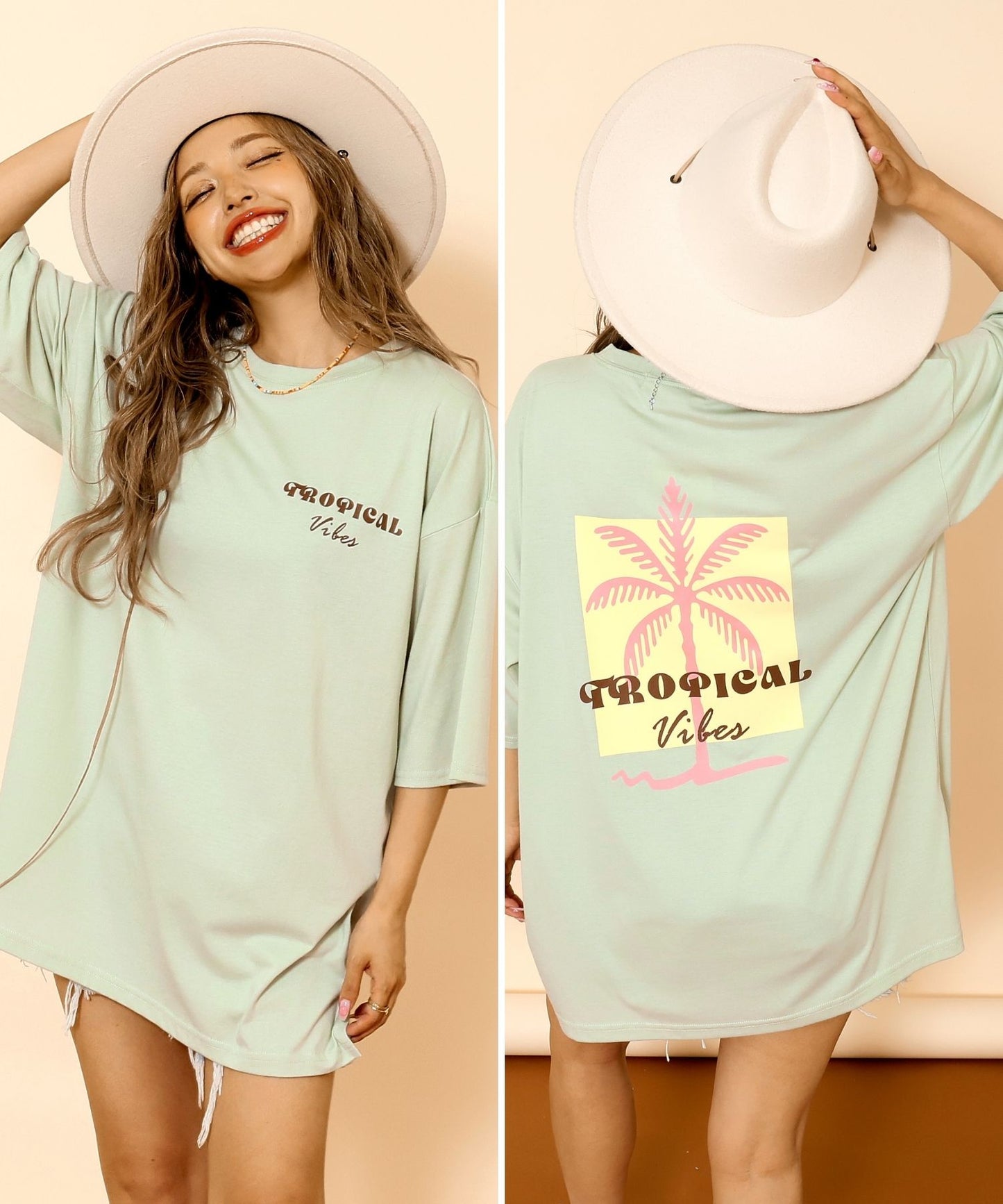 カラー パームツリー プリント オーバーサイズ Tシャツ 853-6027