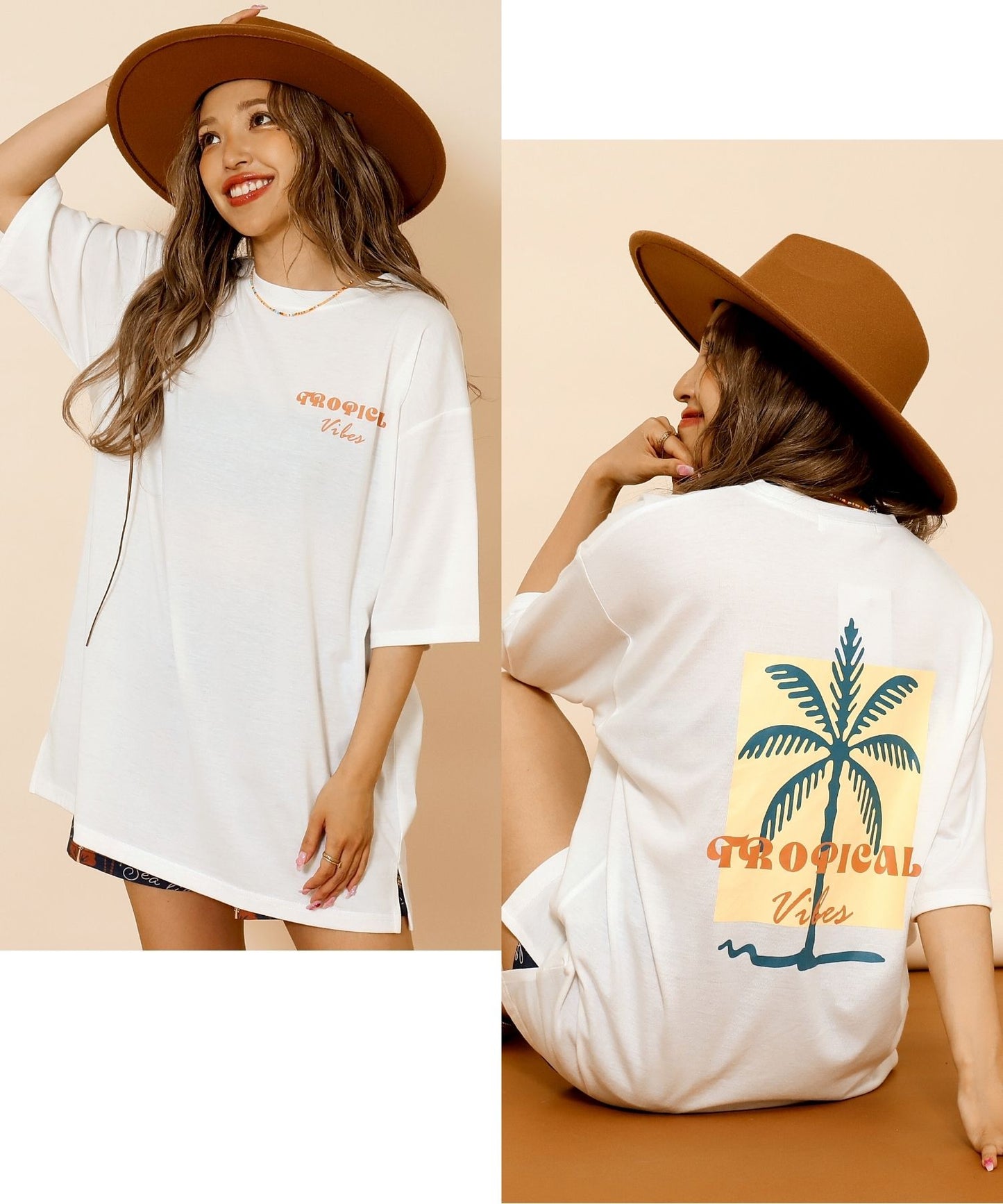 カラー パームツリー プリント オーバーサイズ Tシャツ 853-6027