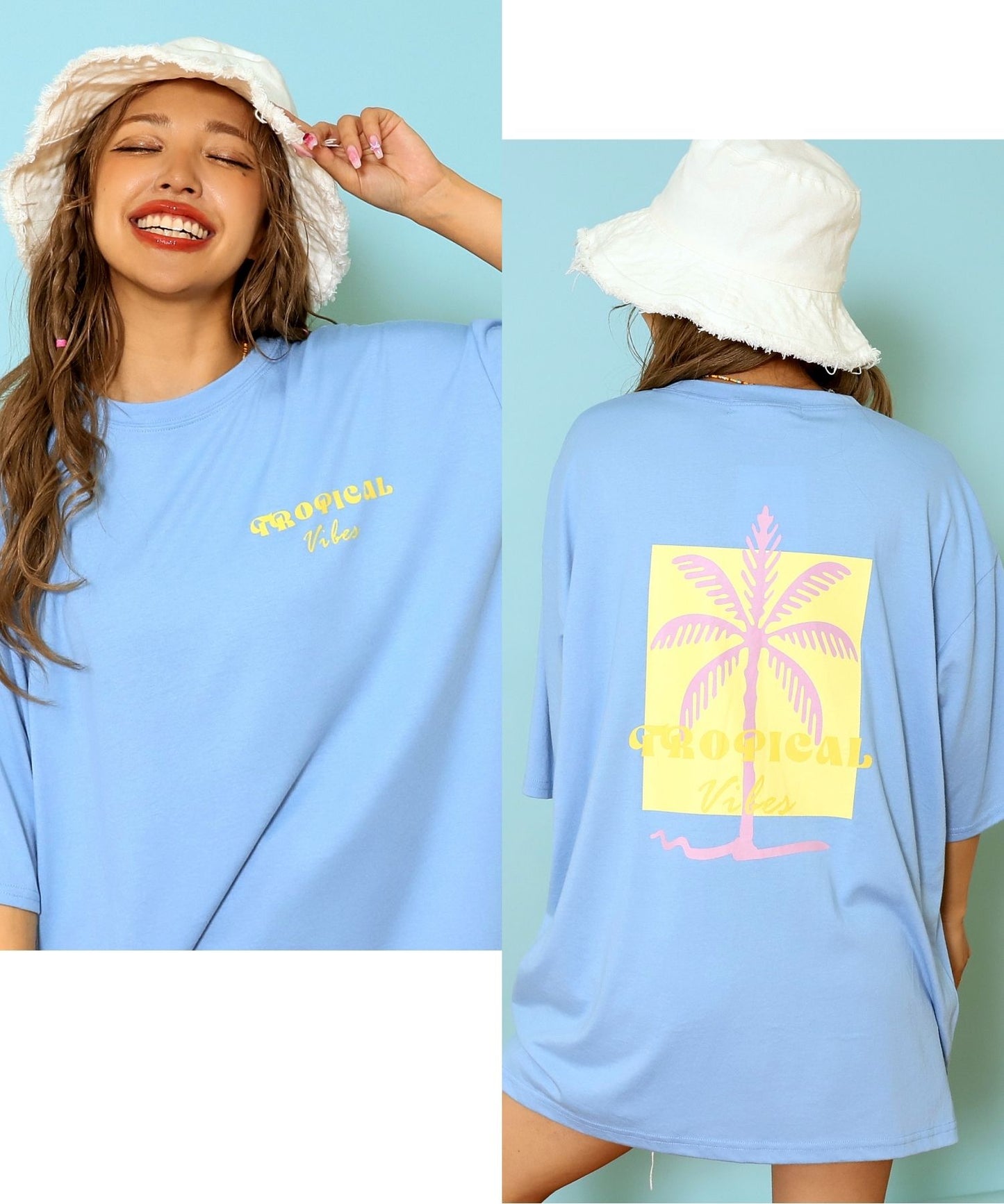 カラー パームツリー プリント オーバーサイズ Tシャツ 853-6027
