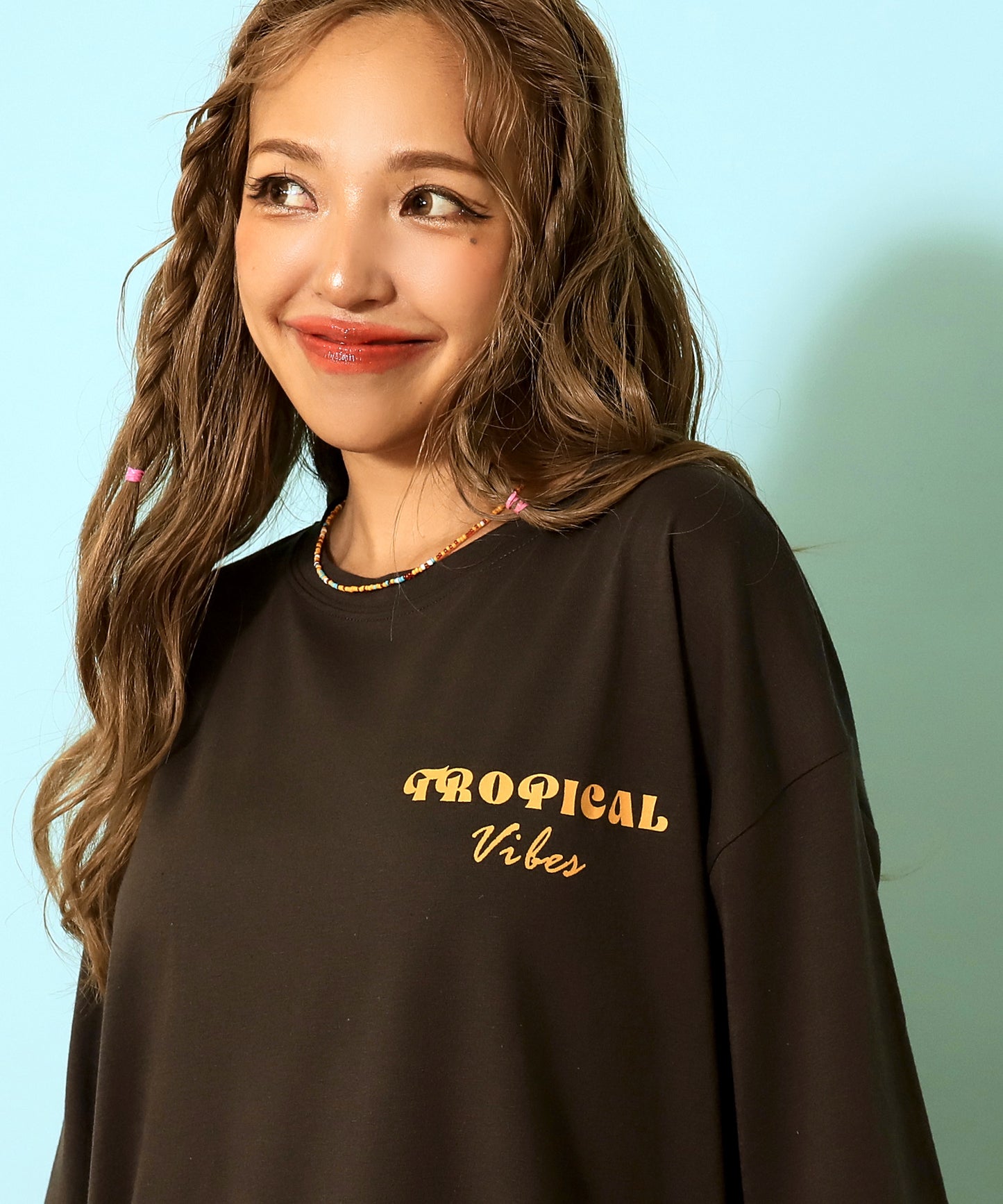 カラー パームツリー プリント オーバーサイズ Tシャツ 853-6027
