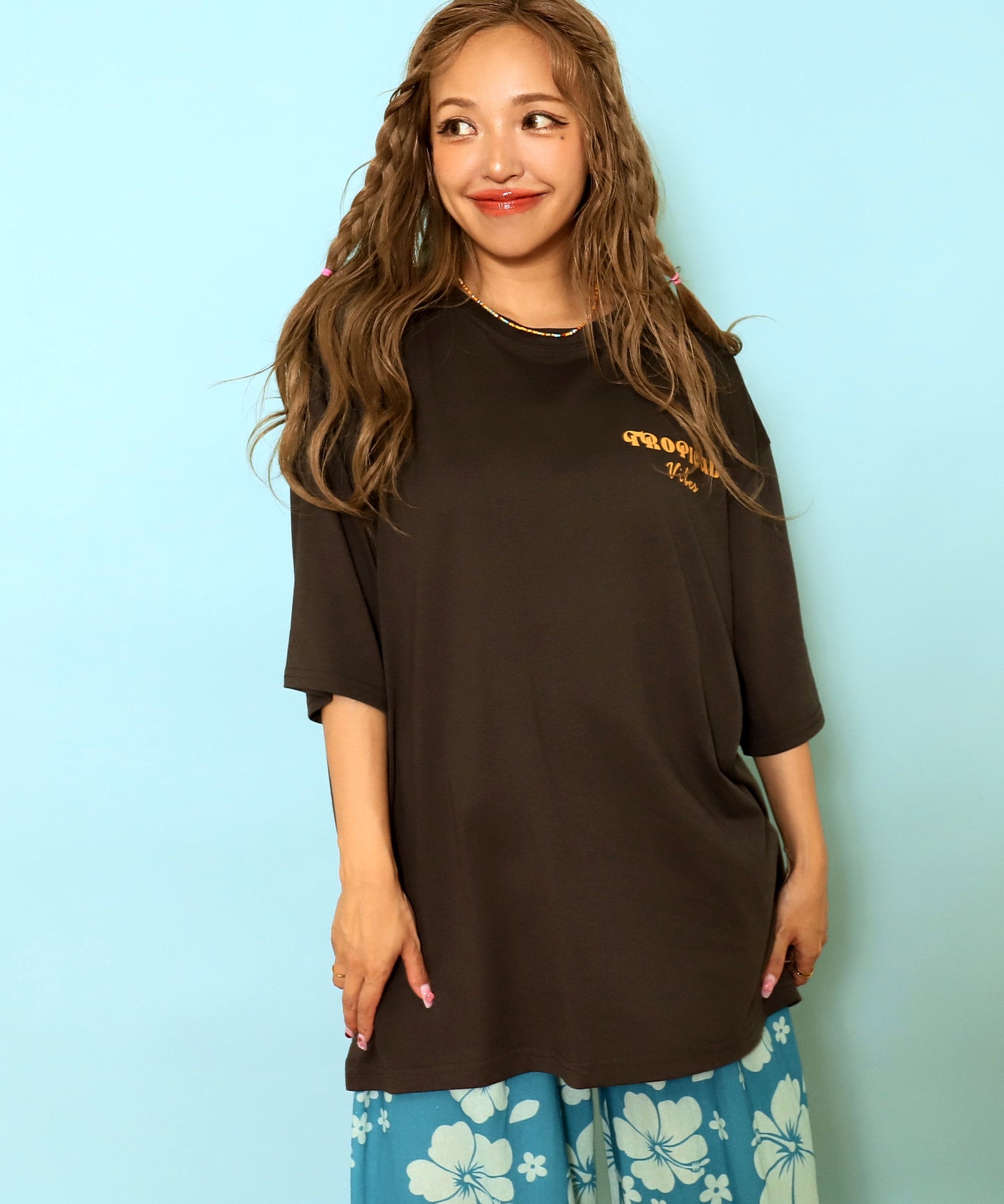 カラー パームツリー プリント オーバーサイズ Tシャツ 853-6027