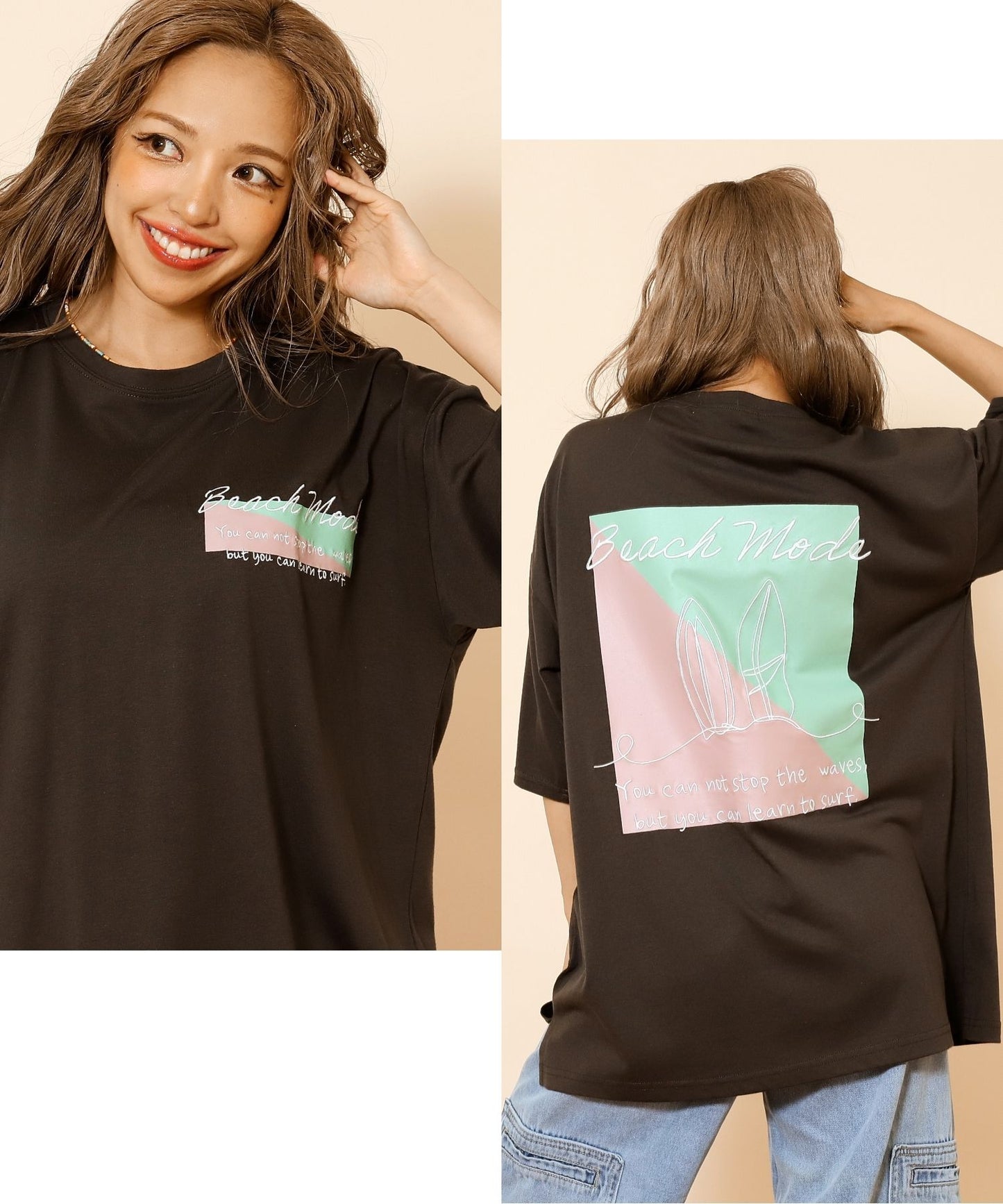 カラー ブロック サーフ 刺繍 オーバーサイズ Tシャツ 853-6029