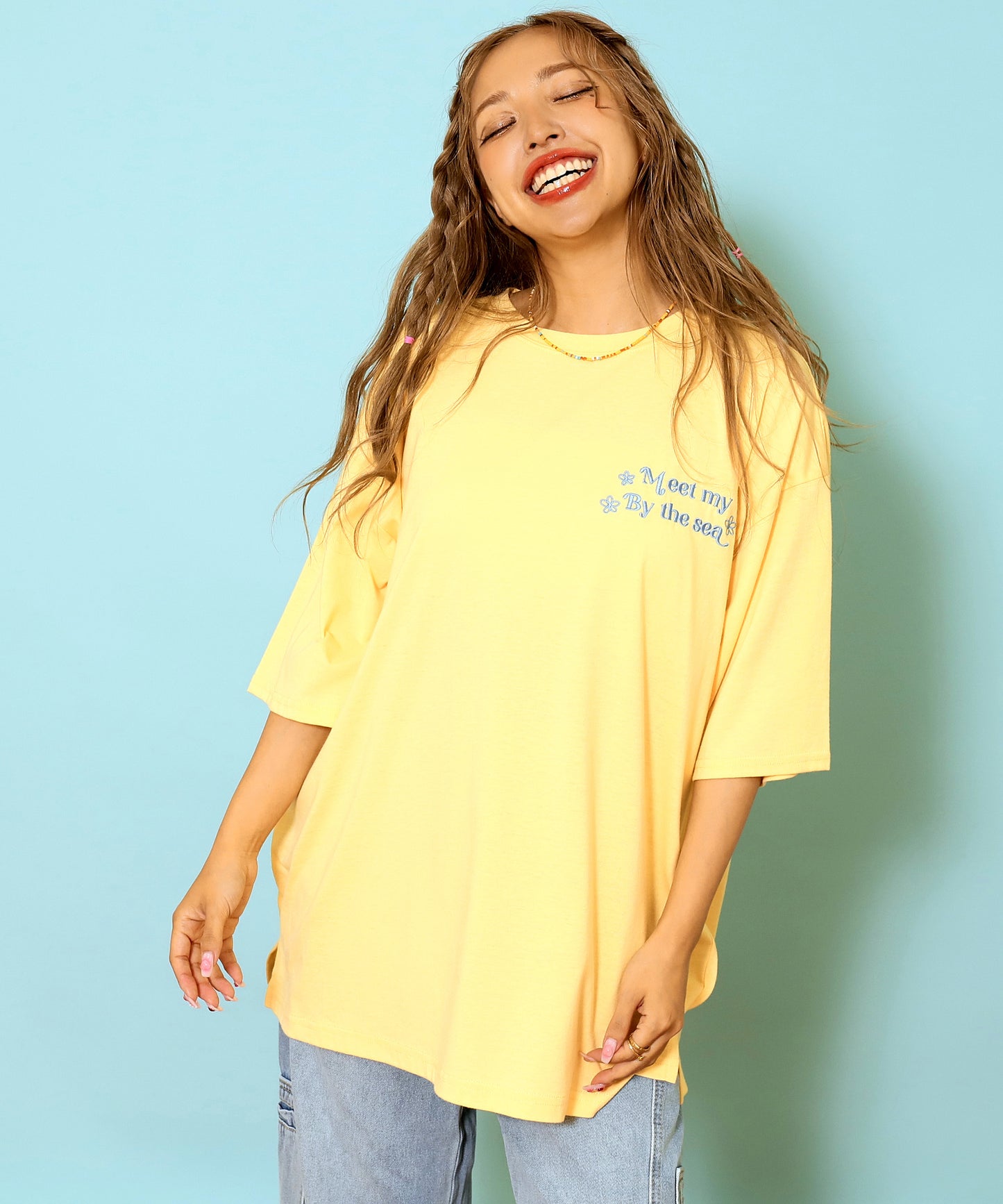 ハンドライティング メッセージ 刺繍 オーバーサイズ Tシャツ 853-6031