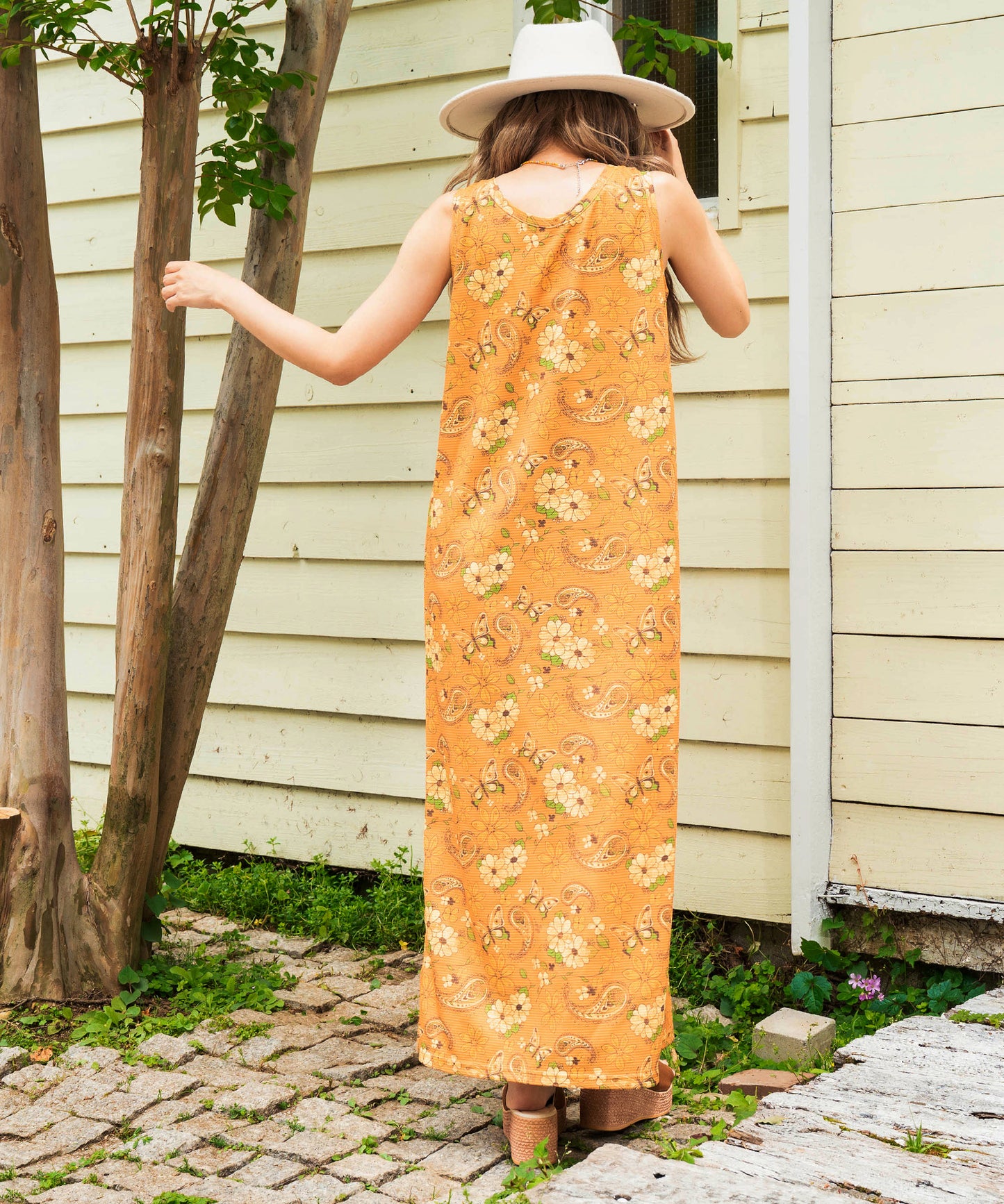 レトロフラワー ワッフル ヘンリーネック ロング ワンピース 857-6033