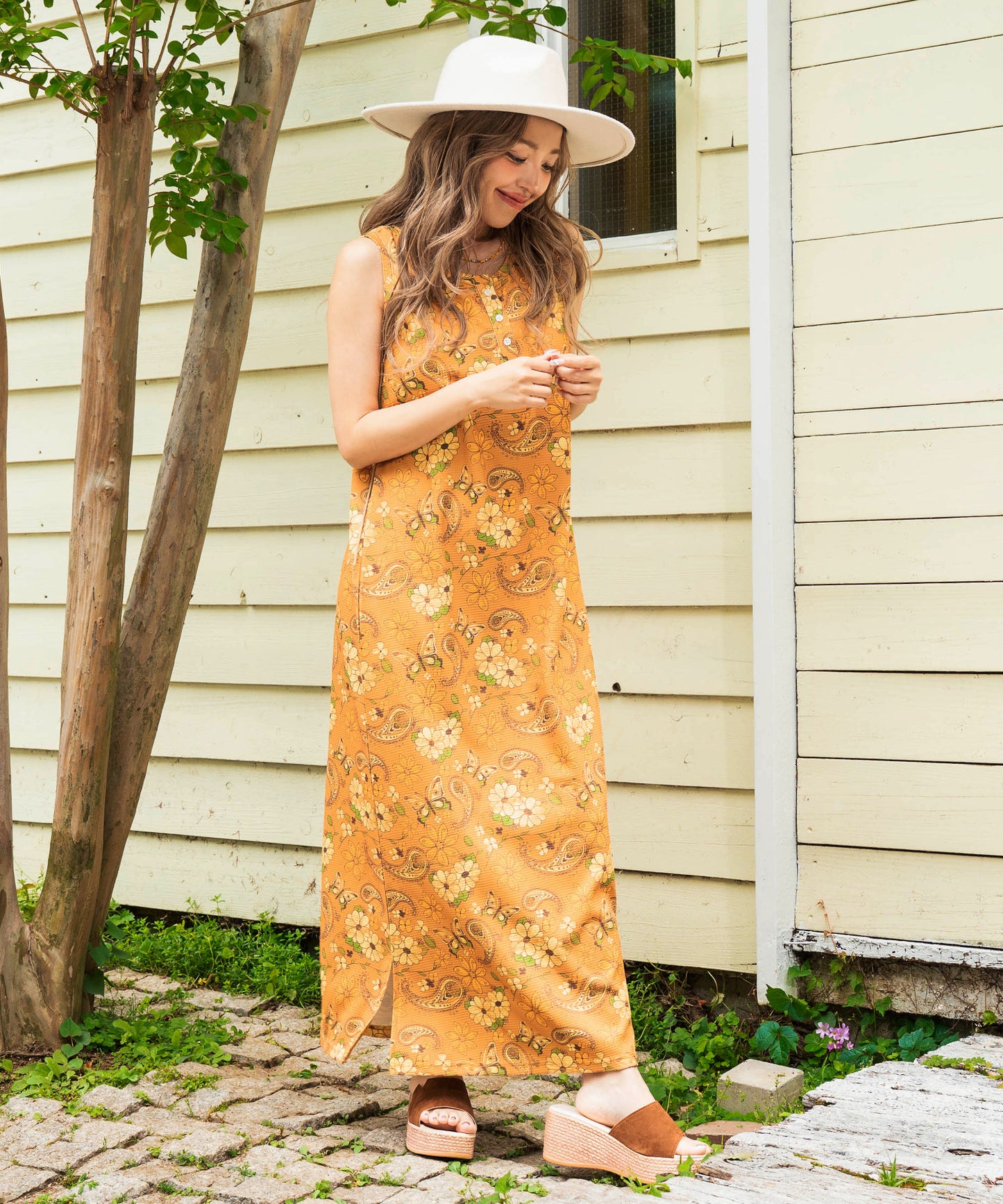 レトロフラワー ワッフル ヘンリーネック ロング ワンピース 857-6033