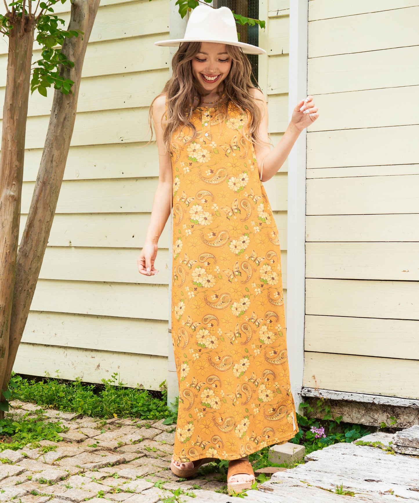 レトロフラワー ワッフル ヘンリーネック ロング ワンピース 857-6033