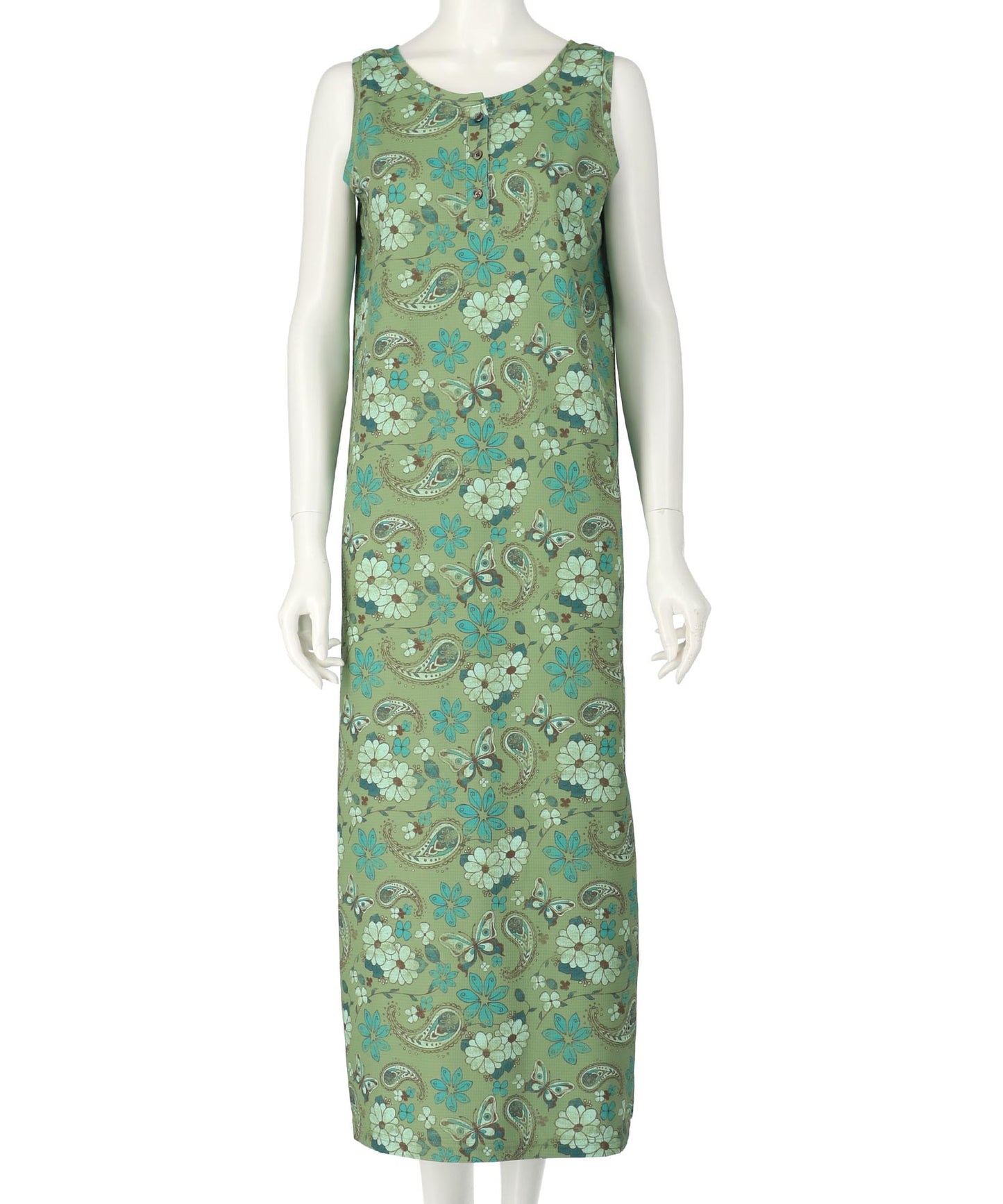 レトロフラワー ワッフル ヘンリーネック ロング ワンピース 857-6033